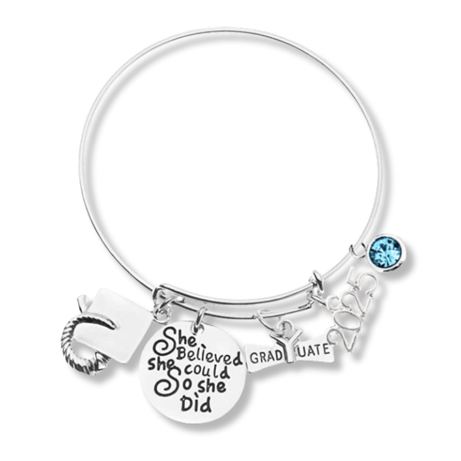 Personalized 2025 Graduation Bangle Bracelet with Birthstone Charm - She Believed She Could So She Did Inspirational Jewelry Gift for Graduates | Perfect for High School & College Graduation Ceremonies, Commencement Gifts & Achievement Celebrations