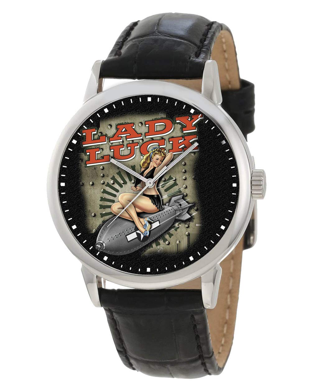 Vintage Lady Luck WWII Bomber Pinup Art Collectible Watch - Retro Military Style Wristwatch for Men & Women - Perfect for History Buffs, Aviation Enthusiasts, and Unique Gift Giving
