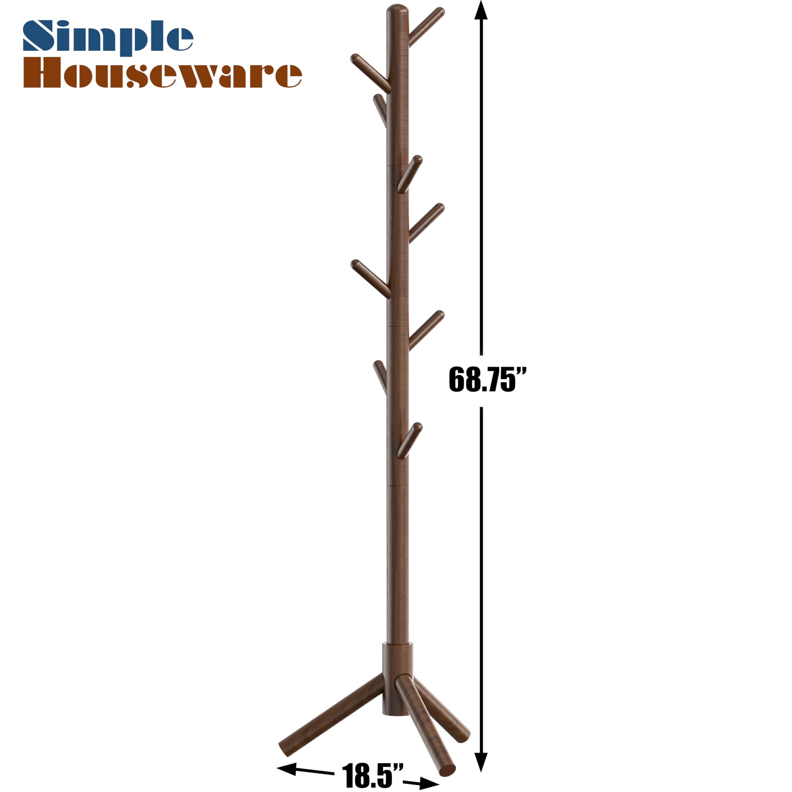 Adjustable Wooden Coat Rack Stand with 9 Hooks - Walnut Finish for Entryway, Bedroom & Closet Organization - Simple Houseware Garment Tree Rack