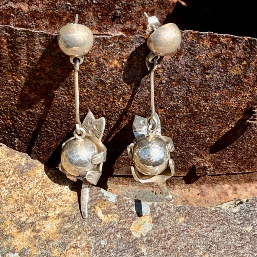 Vintage Sterling Silver Cat & Orb Pierced Post Earrings | Dainty Boho Jewelry for Women | Perfect for Parties, Date Nights & Gifts