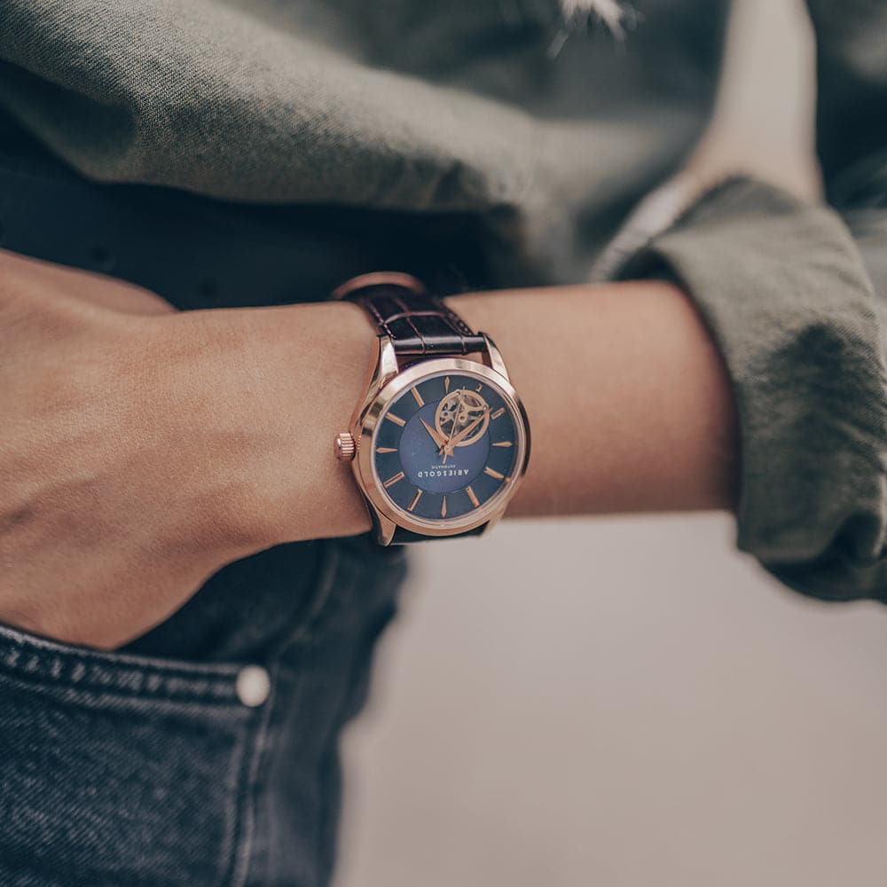 Aries Gold Blue Dial Women's Watch with Brown Leather Strap - L 9023 RG BU - Elegant Timepiece for Office, Party & Everyday Wear