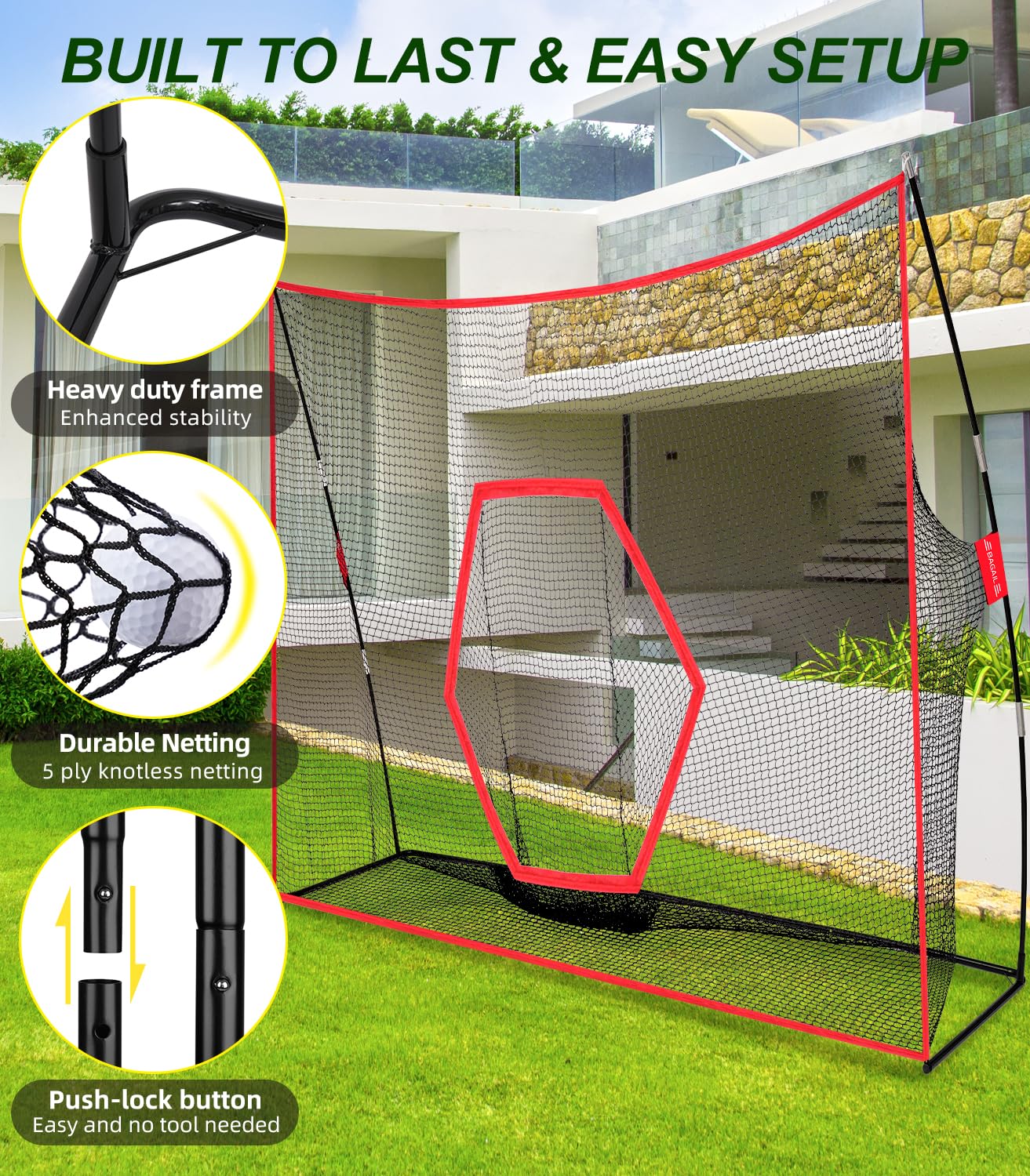 BAGAIL 10x7ft Heavy Duty Golf Practice Net with Tri-Turf Mat & Carry Bag - Portable Golf Training Aid for Driving, Chipping & Hitting - Perfect for Backyard, Outdoor & Indoor Use (G9 Max)