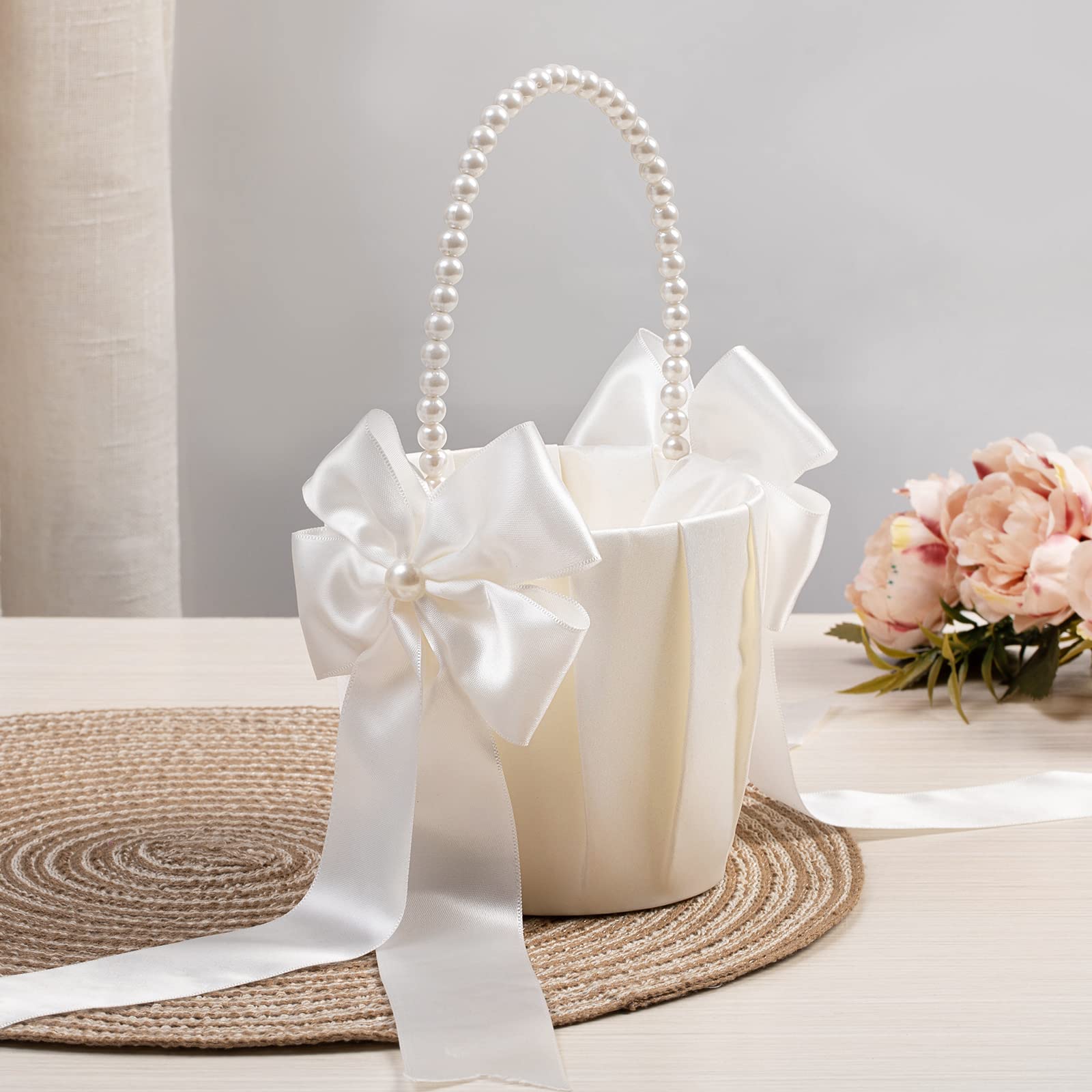 Elegant Ivory Flower Girl Baskets with Pearl Handle - Set of 2 for Wedding Ceremonies | Perfect for Petal Scattering & Bridal Processions
