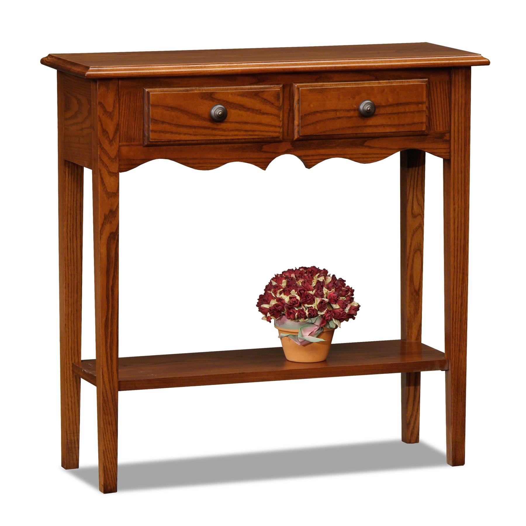 Leick Home Small Console Table with 2 Storage Drawers - Hand Applied Medium Oak Finish - Entryway Sofa Table for Hallway, Living Room & Bedroom Decor
