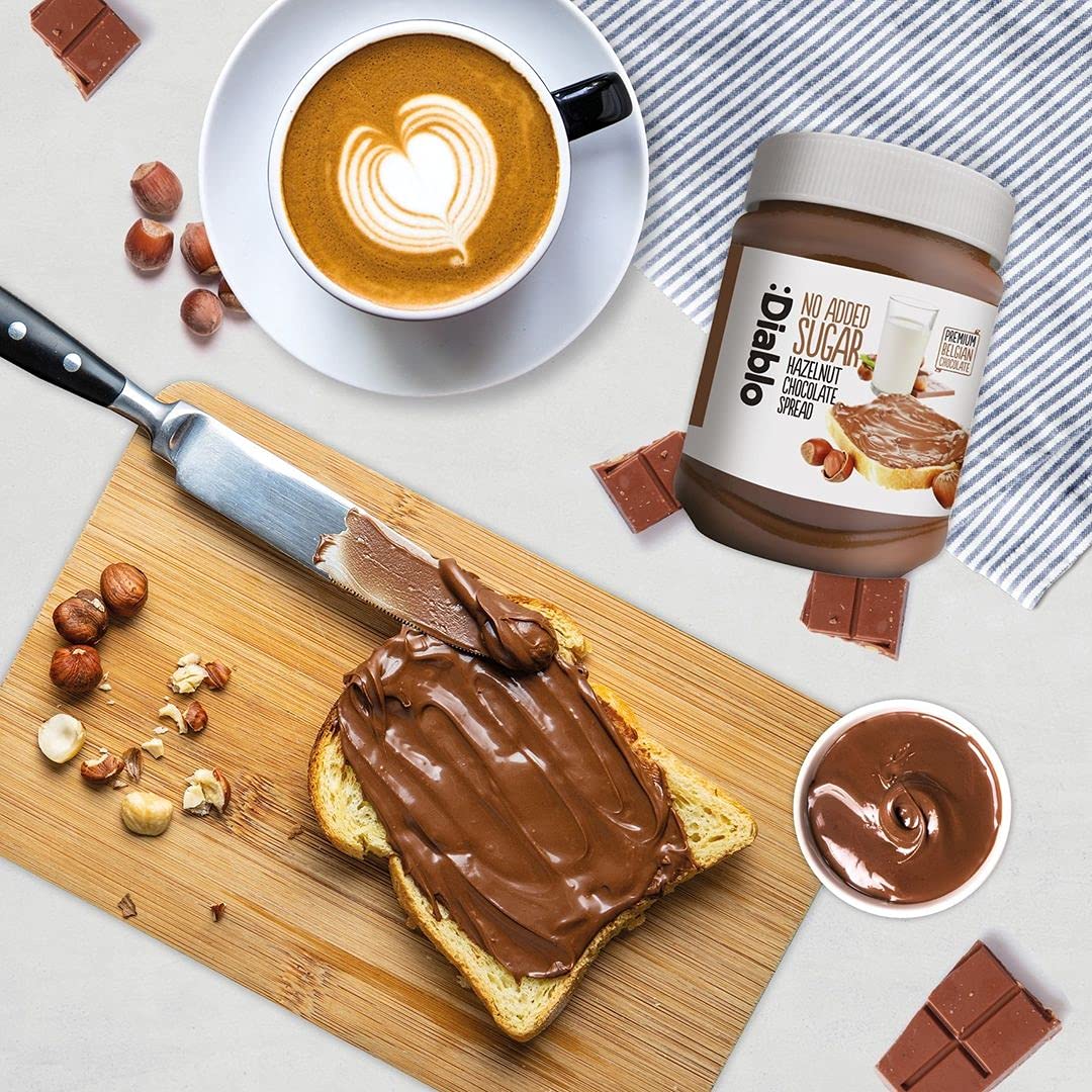 Diablo Hazelnut Chocolate Spread - No Added Sugar, Gluten Free, Healthy Nutella Alternative - Natural Chocolate Hazelnut Butter for Bread, Toast, Pancakes & Desserts - 350g Jar - Perfect for Breakfast, Snacks & Gift Giving