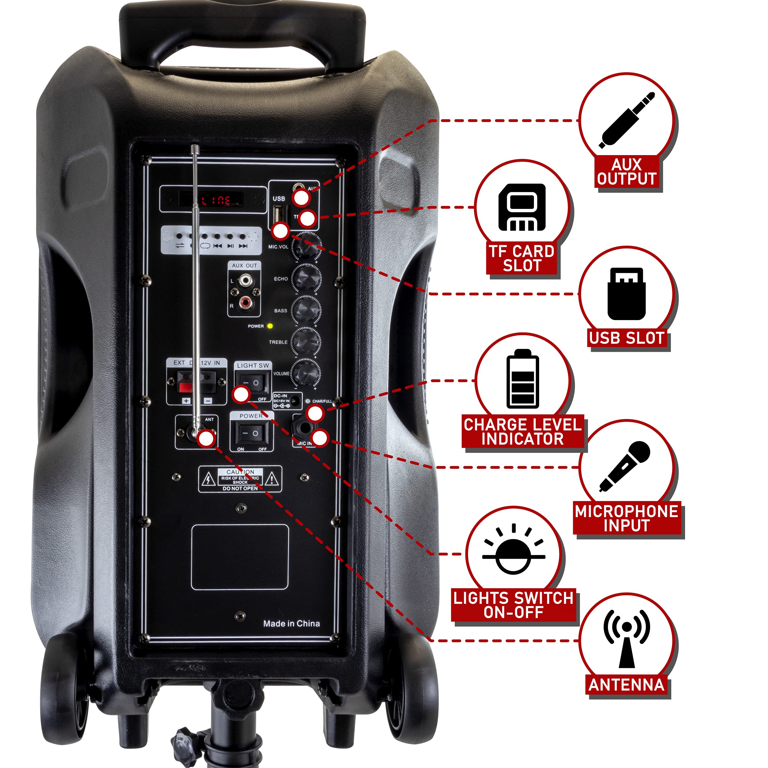 beFree Sound 12 Inch Bluetooth Portable PA Speaker with Rechargeable Battery, LED Lights & Stand - Perfect for Outdoor Parties, Events & DJ Performances
