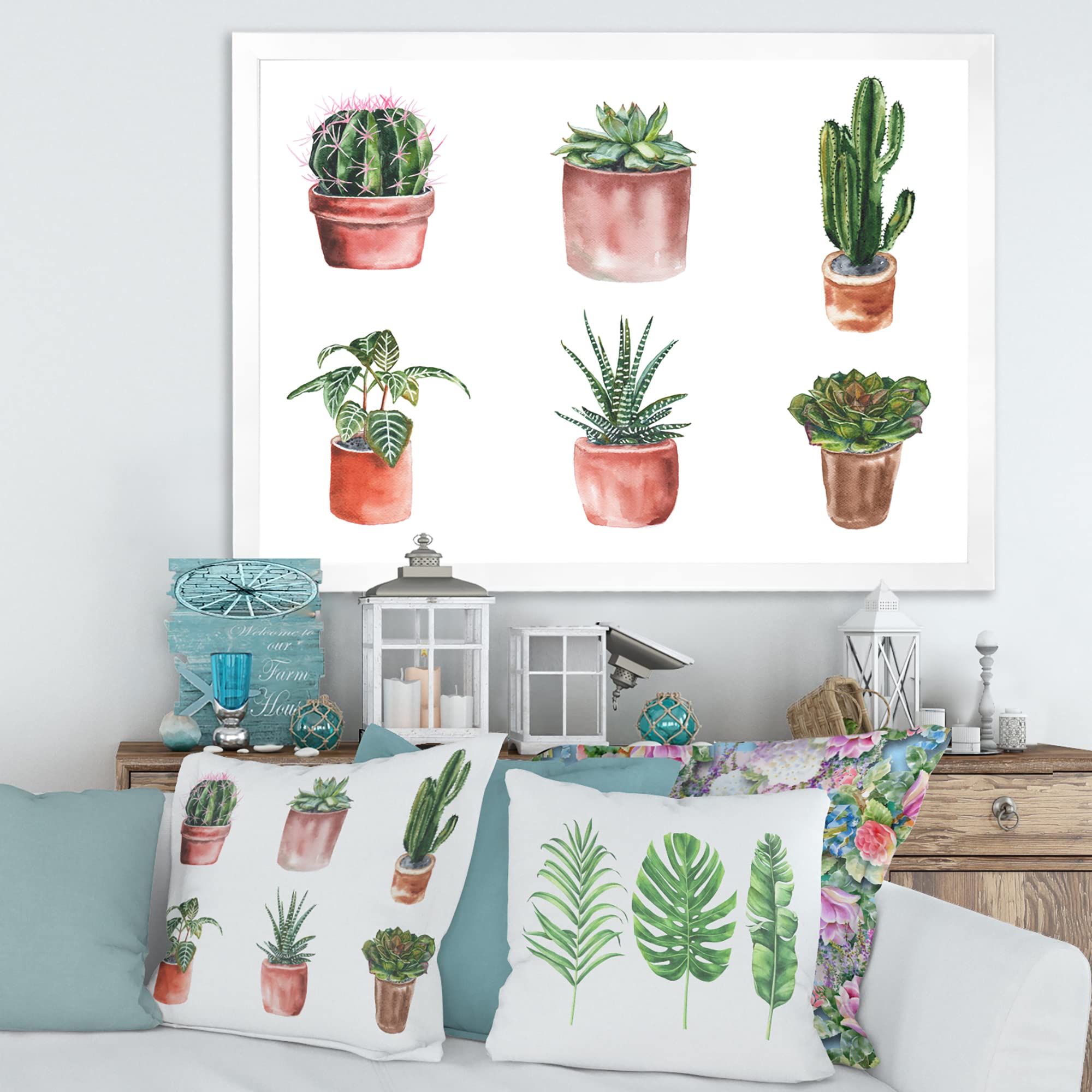 DesignQ Flowers In A Pot Cacti and Succulents Traditional Framed Wall Art - Home & Office Decor for Living Room, Bedroom, Kitchen