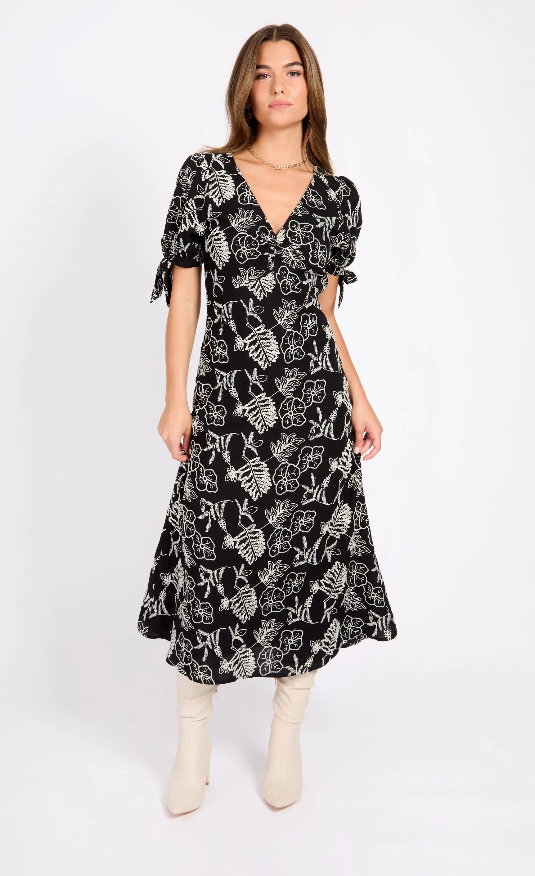 Lizzie Embroidered Midaxi Dress for Women - Floral Lace Black & White Summer Maxi Dress - Perfect for Beach Vacation, Wedding Guest & Evening Party