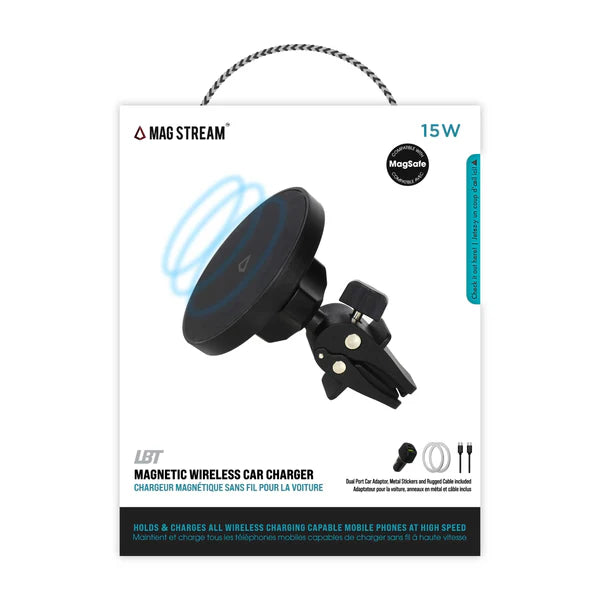 LBT Mag Stream 15W Fast Wireless Car Charger with Magnetic Mount - Perfect for iPhone 14/13/12 & Android Phones - Safe Charging While Driving
