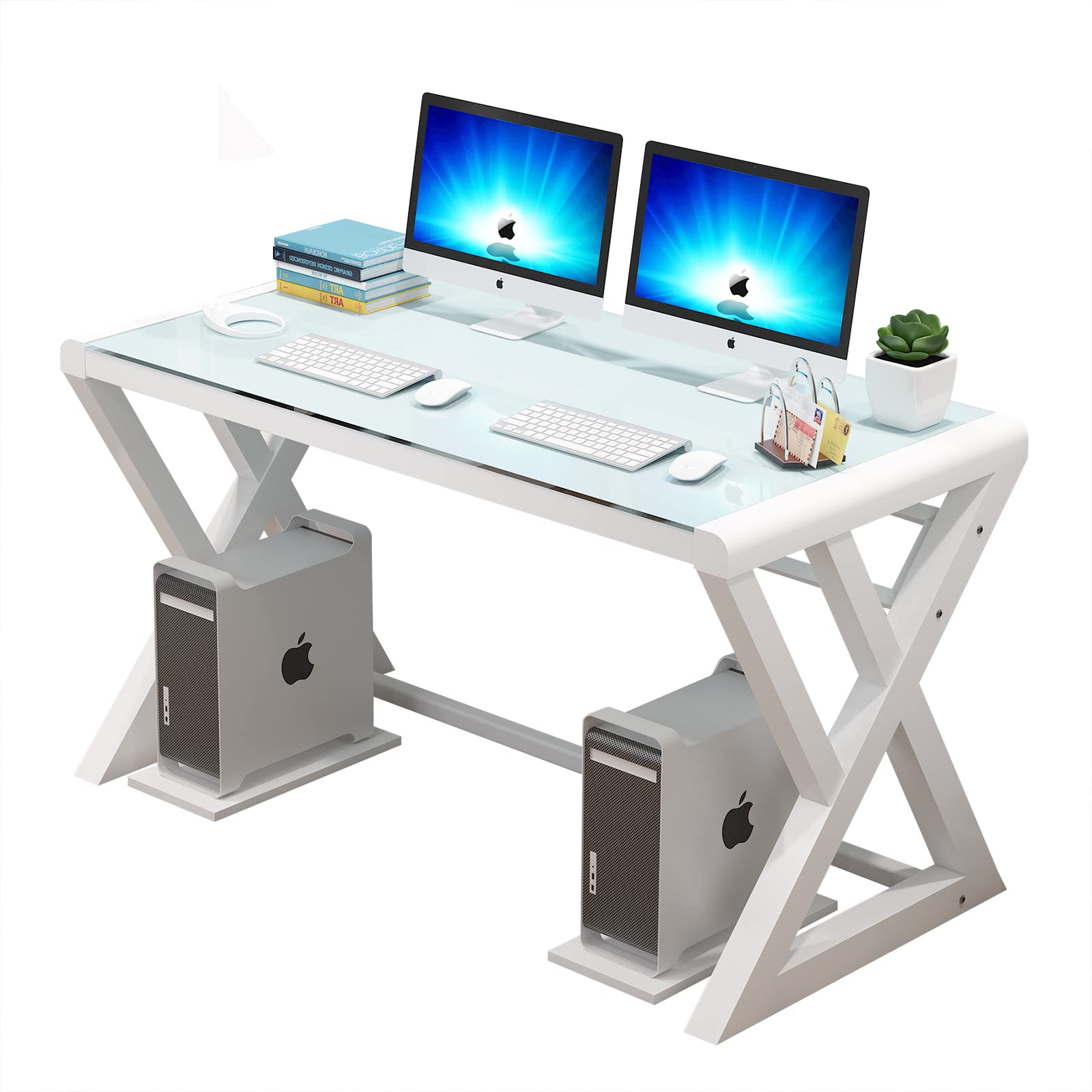 Modern Glass Computer Desk with Sturdy Metal Frame - X-Shape 55.1