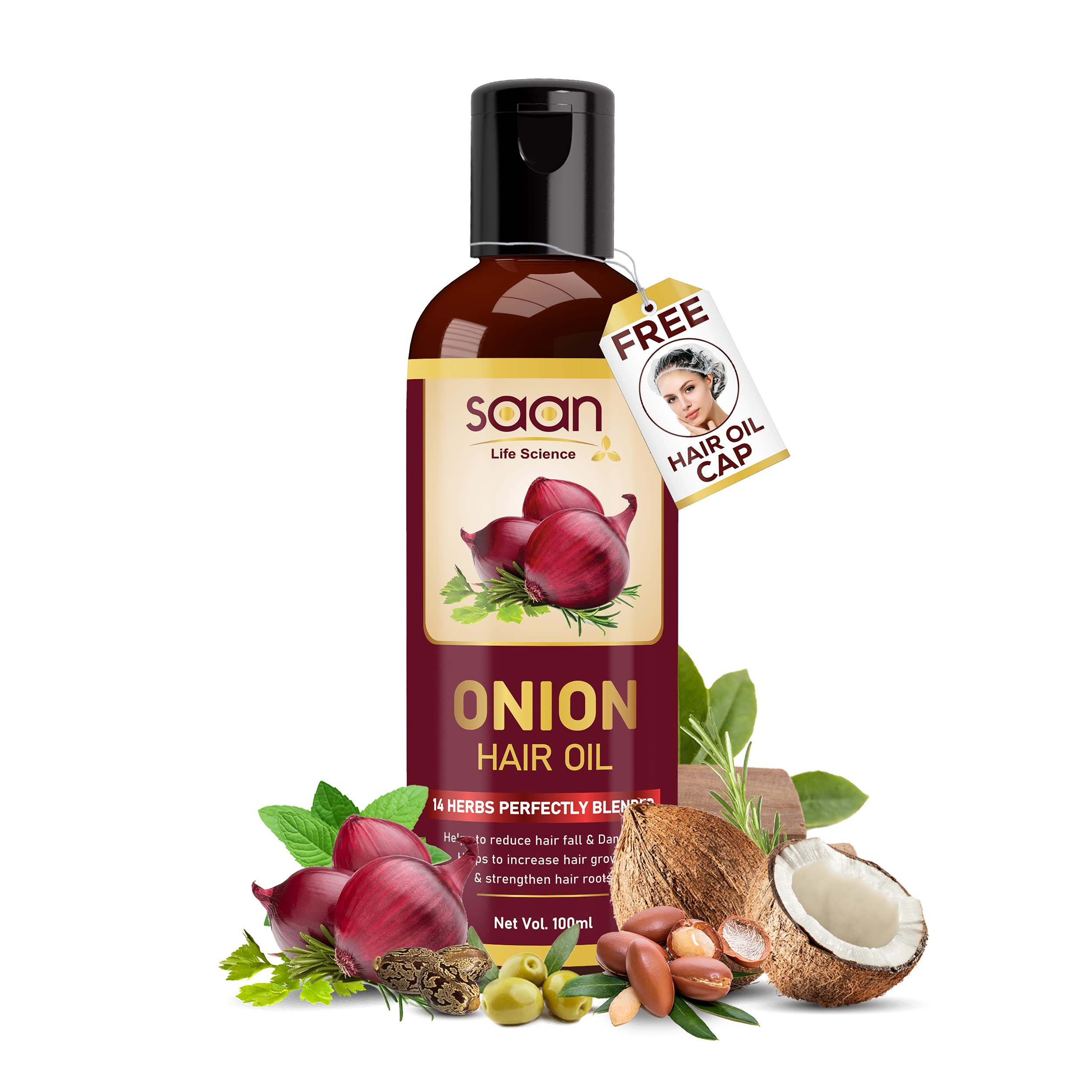 SAAN Life Science Onion Oil for Hair Growth & Hair Fall Control - 100ml with 14 Essential Oils | Natural Hair Treatment for Thinning Hair, Dry Scalp & Split Ends | Promotes Stronger, Longer & Healthier Hair | Perfect for Daily Hair Care Routine & Scalp Massage