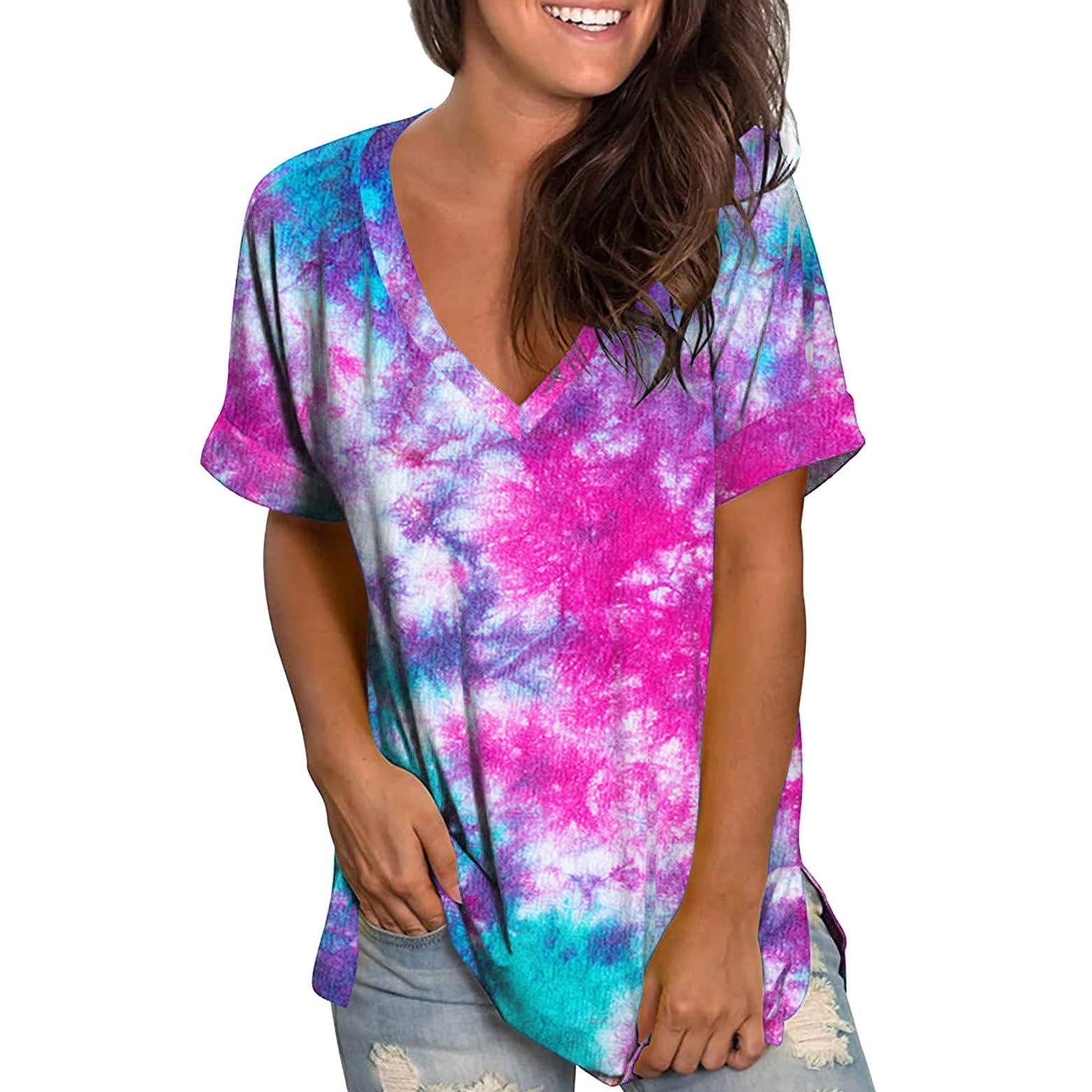 Women's Short Sleeve V-Neck Tie Dye T-Shirts - Loose Fit Summer Tees for Casual Wear, Beach Outings & Everyday Comfort | Basic Cotton Tops for Women