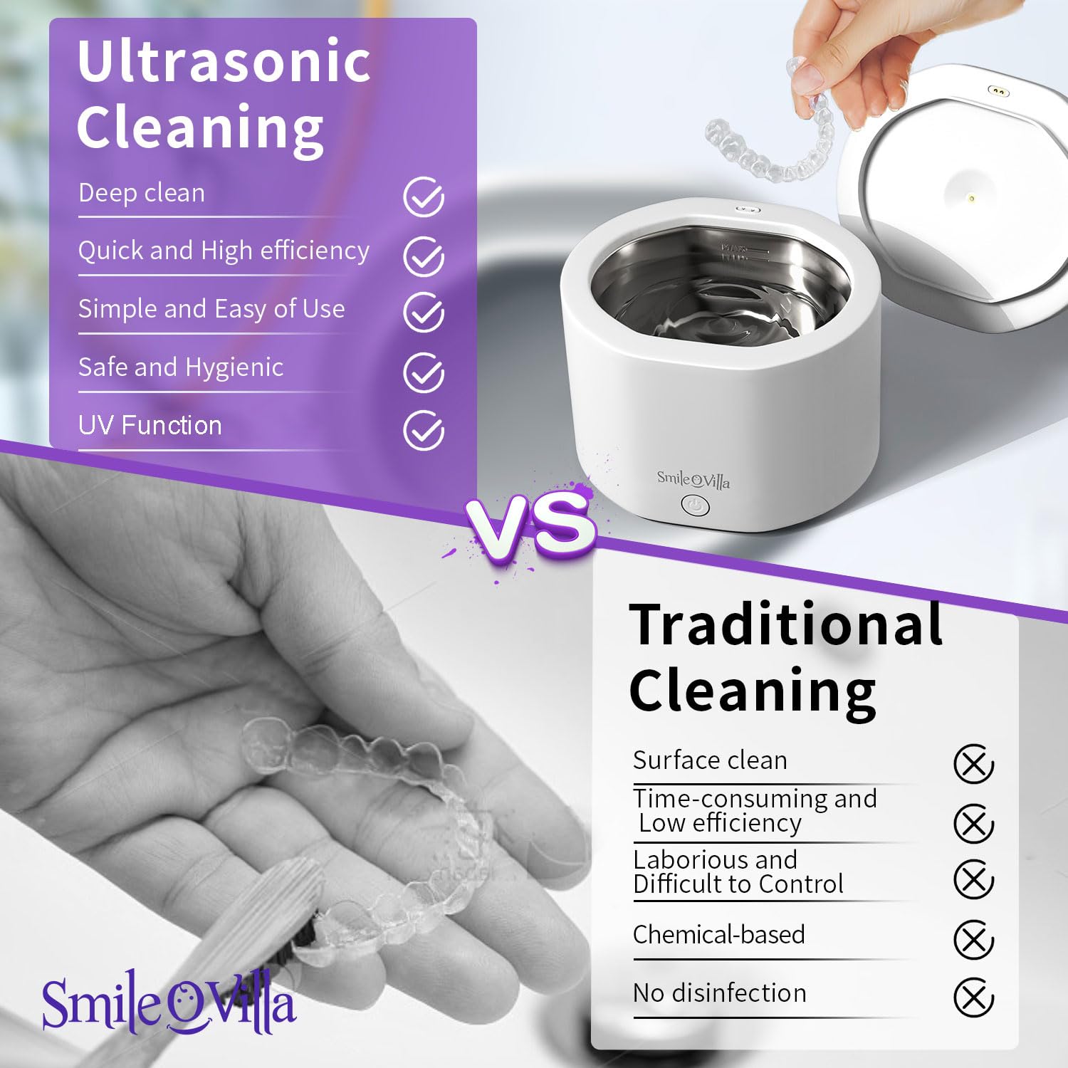 Professional Ultrasonic Jewelry & Dental Cleaner with UV Light - Sonic Cleaner for Retainers, Invisalign, Dentures, Mouth Guards, Night Guards - Perfect for Home & Travel Dental Care