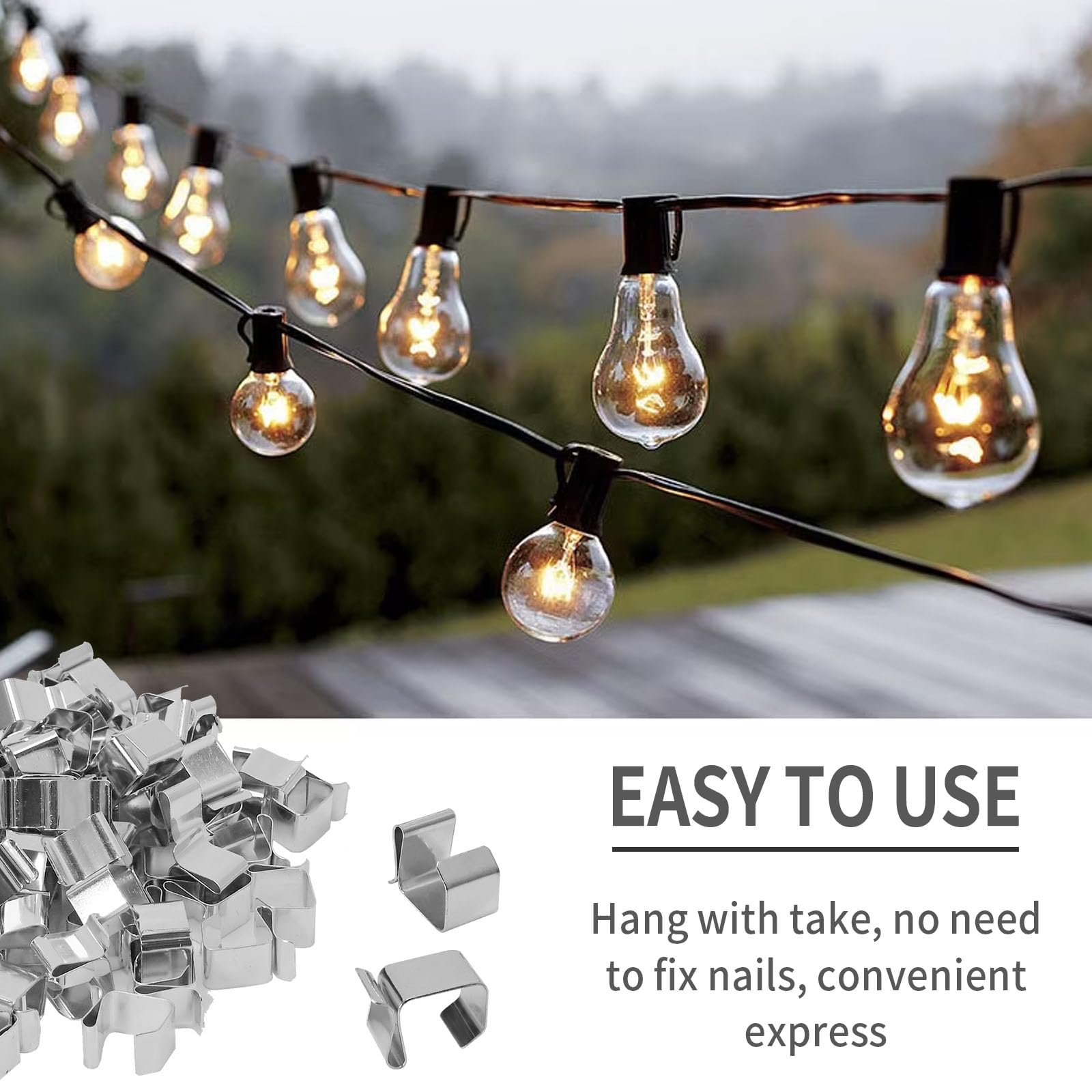 EATAKWARD 100 Pack 0.8 Inch Galvanized Weatherproof Outdoor Hooks - Heavy Duty Gutter & Roof Hangers for String Lights, Holiday Decorations, Kitchen, Bathroom & Garden Use (0.6'' Cable Hooks) - Perfect for Patio, Backyard, Wedding & Christmas Lighting