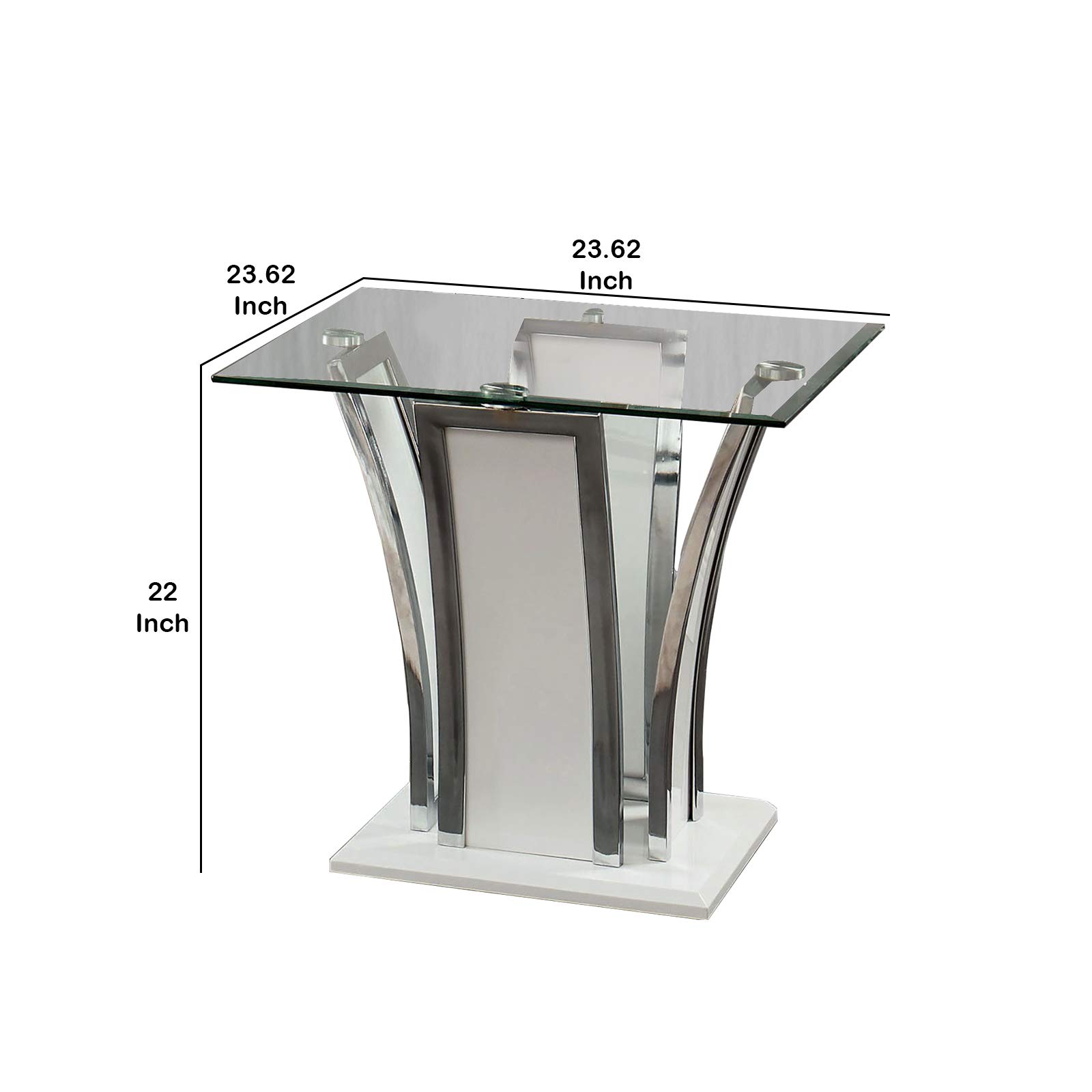 Benjara Chrome Trim Flared Base End Table with Glass Top - White & Silver Accent Side Table for Living Room, Bedroom, or Office Decor