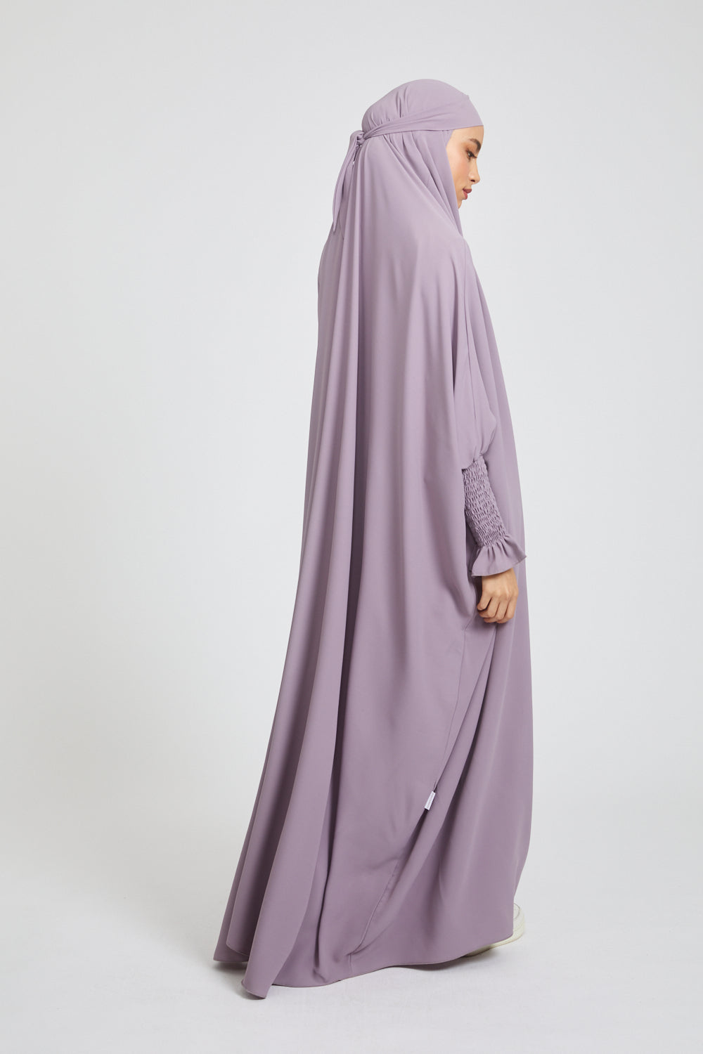 One Piece Full Length Jilbab Prayer Abaya with Frill Cuff in Royal Lilac - Perfect for Islamic Prayer, Mosque Wear, and Modest Fashion
