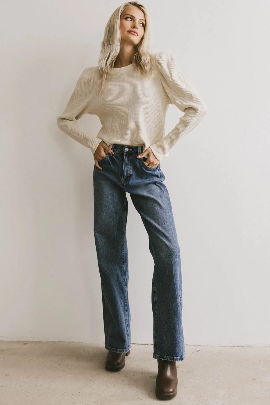 Kelcey Waffle Knit Top Women's Cream Long Sleeve Shirt - Soft Cotton Blend Pullover for Fall & Winter - Casual Outfit for Work, Date Night, and Weekend Brunch