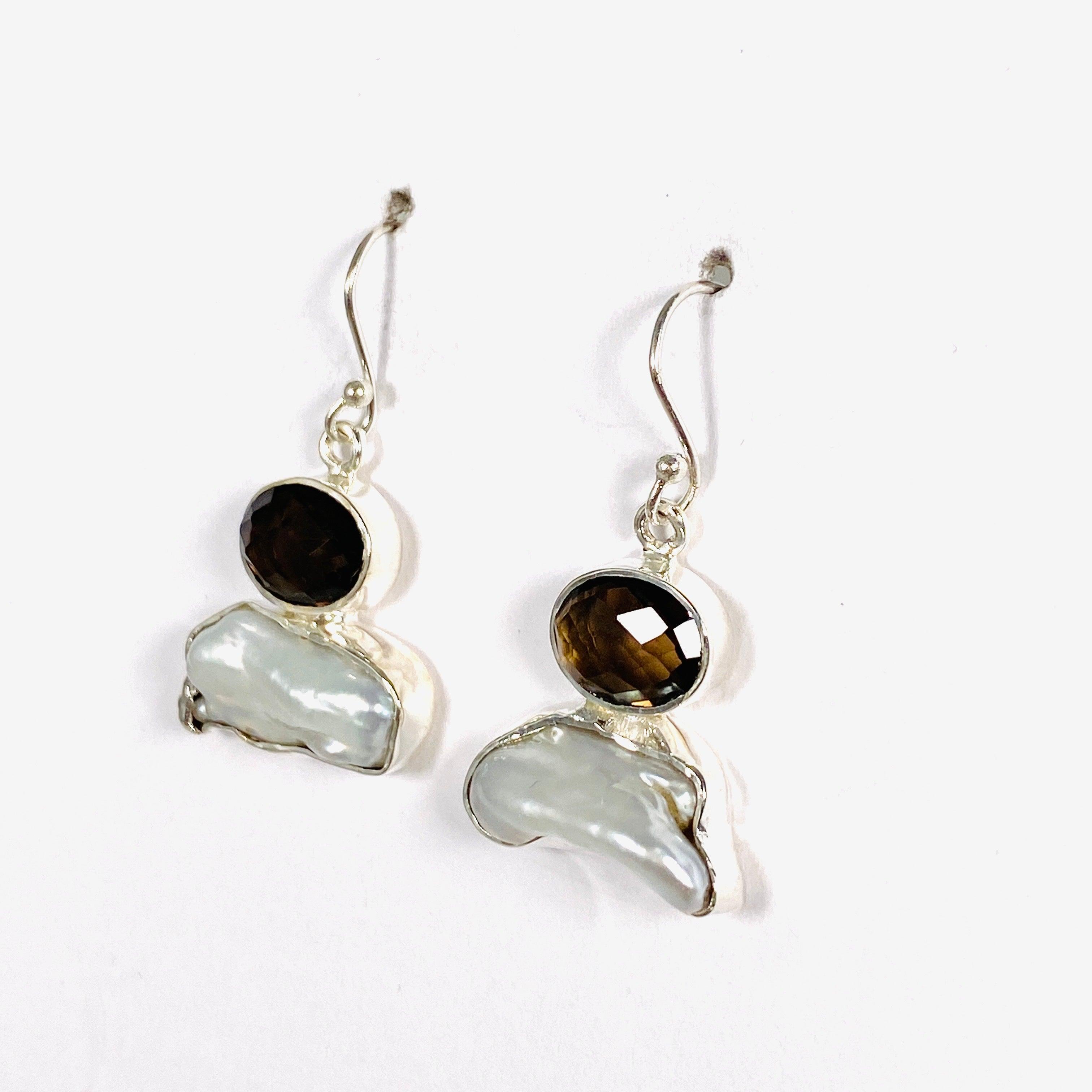 Pearl and Smokey Quartz Faceted Dangle Earrings E2393 SQ - Elegant Jewelry for Women, Perfect for Weddings, Parties & Special Occasions