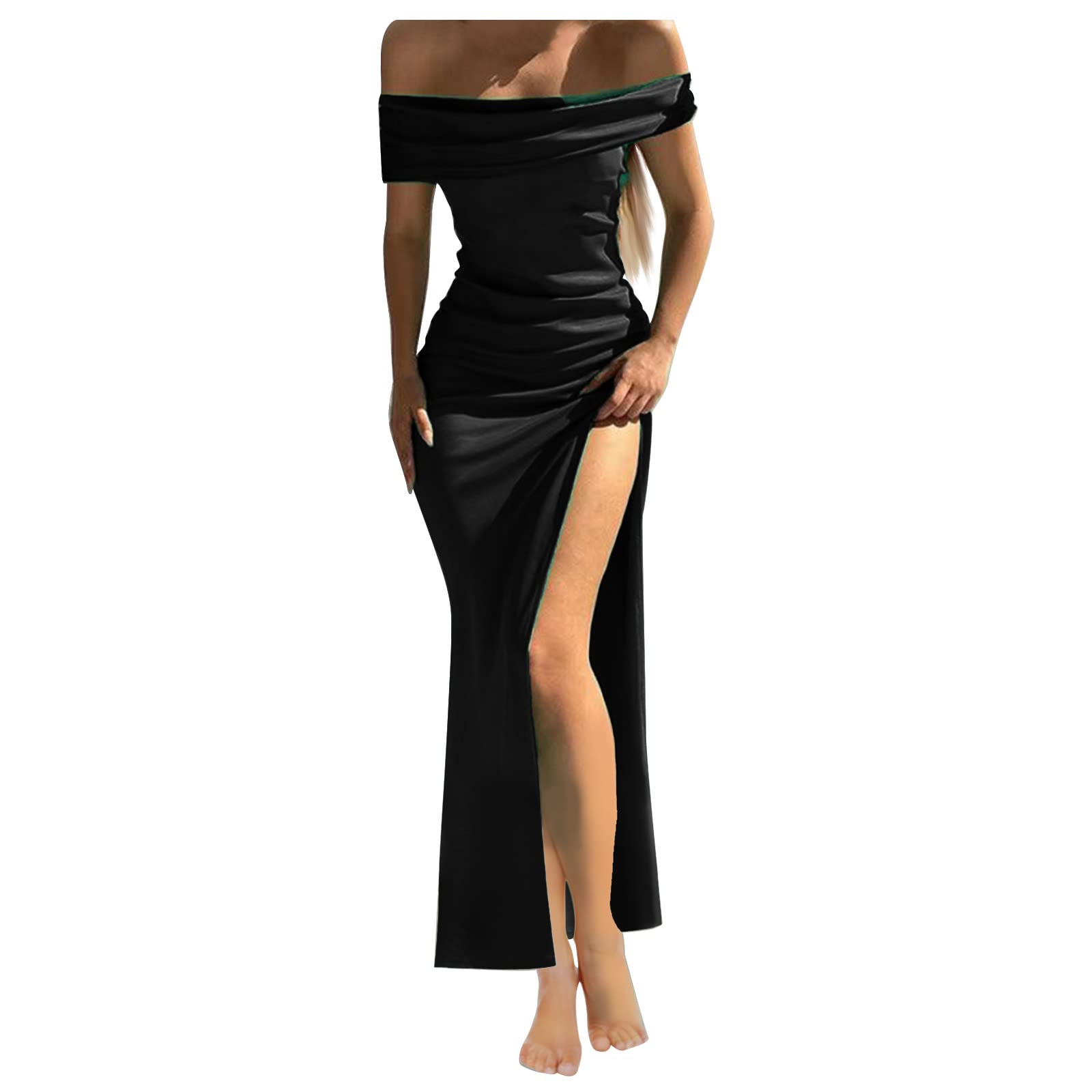 Elegant One Shoulder Long Formal Dress for Wedding Guest, Graduation Gown, Party - Sexy Solid Color with Hem Split & Ankle Length - Perfect for Evening Galas, Cocktail Parties & Special Occasions