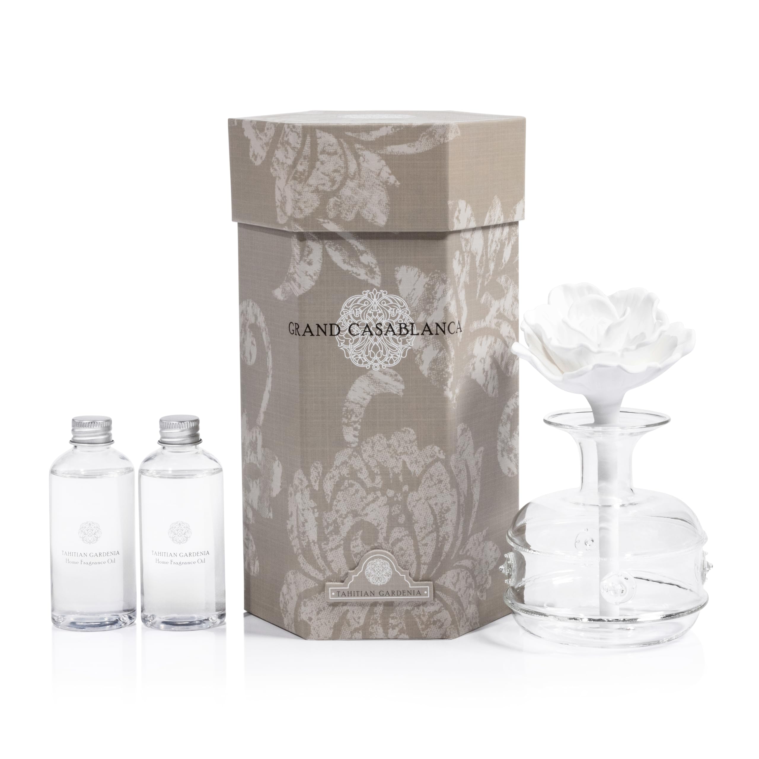 Zodax Grand Casablanca Porcelain Essential Oil Diffuser - Elegant Flower Design Aromatherapy Diffuser for Home & Office - Tahitian Gardenia Scent (6.76 Oz) - Perfect for Living Room, Bedroom, Bathroom & Workspace - Includes Gift Box Packaging
