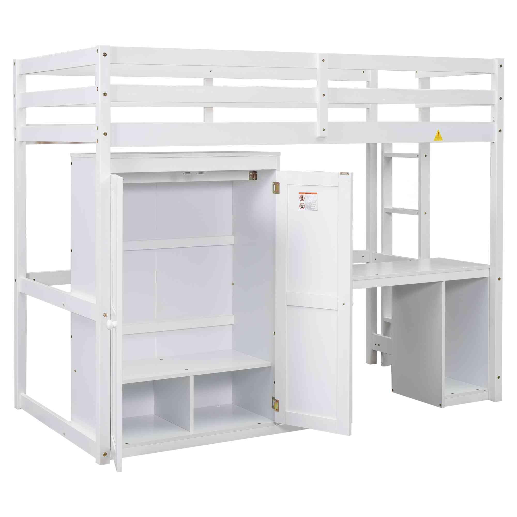 ATY Twin Size Loft Bed with Wardrobe & 3 Drawers - Solid Wood Bed Frame with Built-in Desk & Computer Space - Multifunctional Kids Bedroom & Dorm Furniture - No Box Spring Needed - White - Perfect for Small Spaces, Teen Rooms & College Dorm Organization