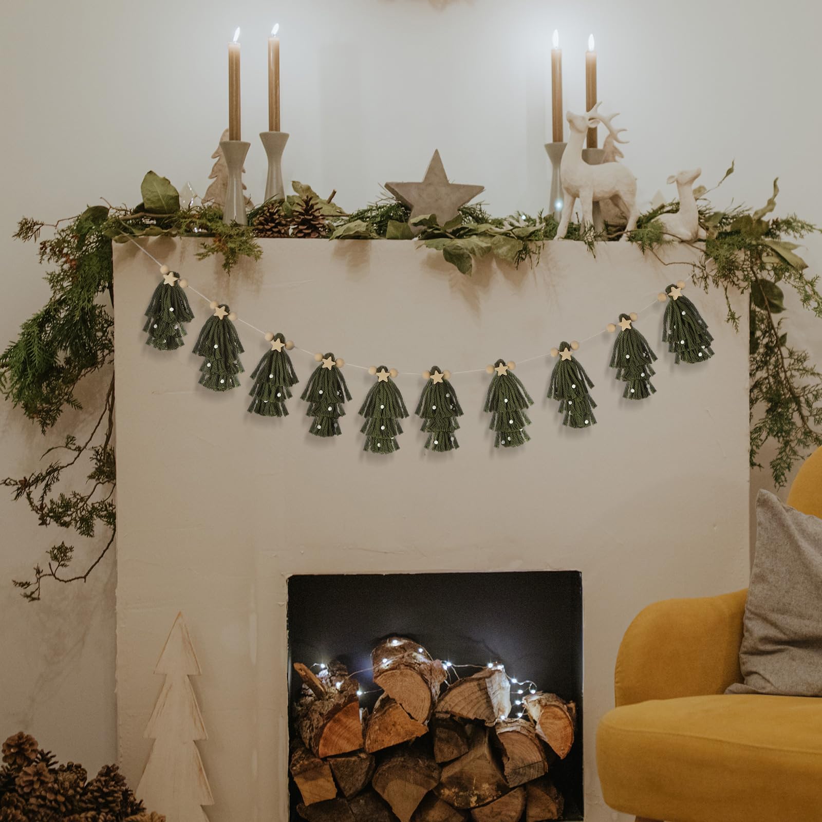 Boho Christmas Tree Tassel Garland with Wood Beads - Pastel Pink Decor for Holiday Party, Anthropologie-Inspired Bedroom & Nursery - Perfect for Christmas, Birthday Celebrations and Boho Home Decor