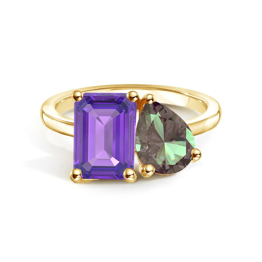 Personalized Toi et Moi Amethyst Birthstone Ring - Custom Anniversary Jewelry for Couples, Gift for Her, Romantic Proposal & Wedding Band