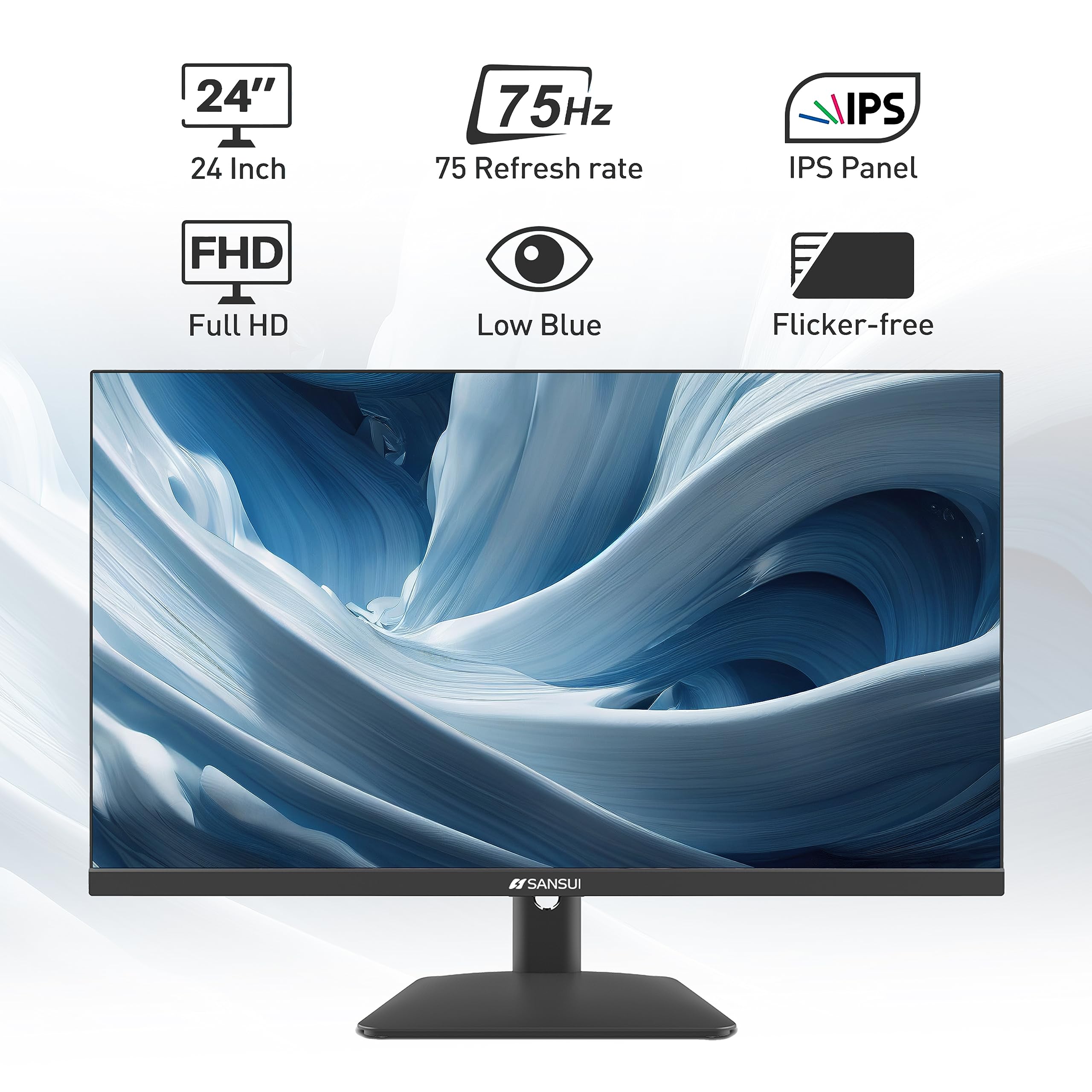 24 Inch IPS HDR10 FHD 1080P 75Hz Computer Monitor with HDMI, DP & VGA Ports - Tilt Adjustable, VESA Mount, Eye Comfort & 178° Wide Viewing Angle - Perfect for Home Office, Gaming & Multimedia (Includes HDMI Cable)