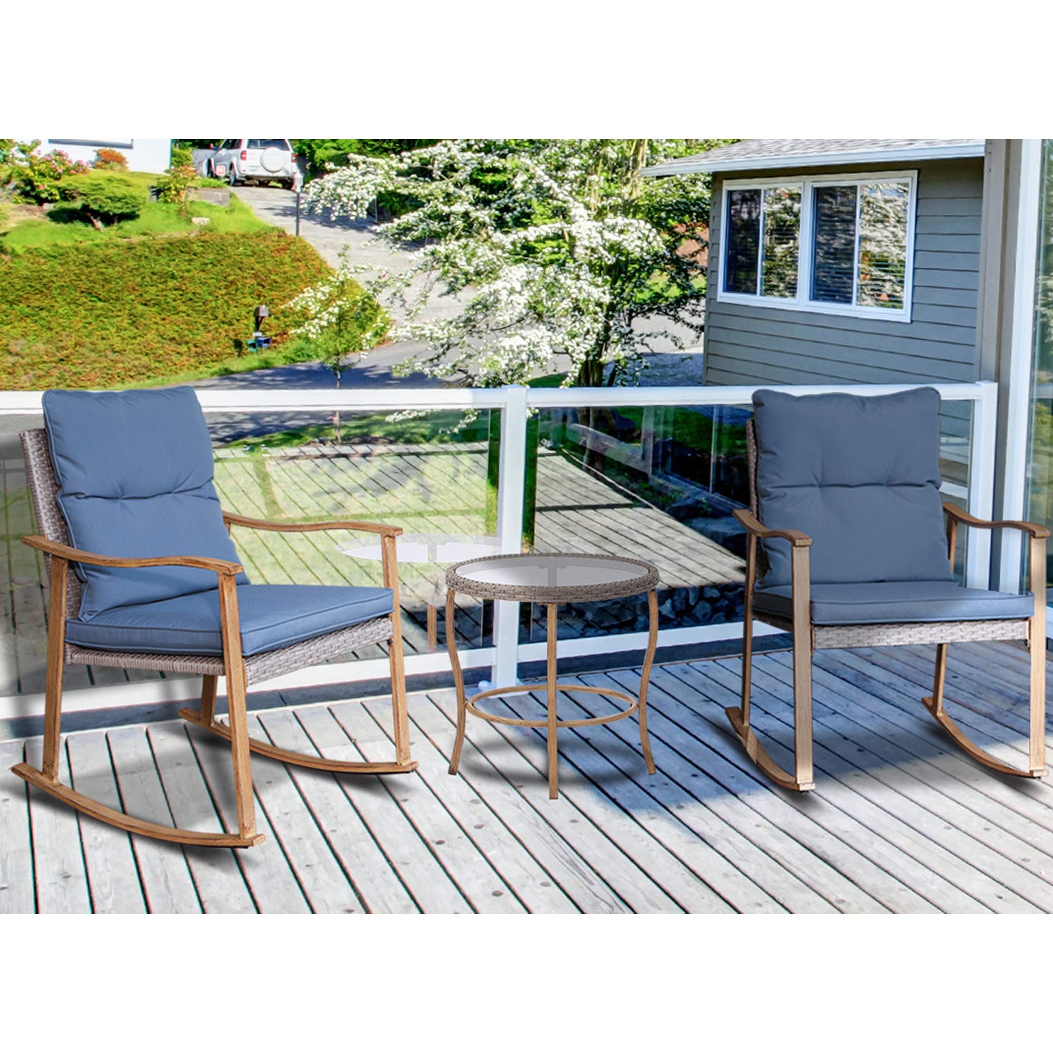 AQUILLA 3-Piece Outdoor Patio Rocking Set with Metal Frame & Tempered Glass Table - Blue Cushioned Bistro Set for Porch, Garden, Backyard - Perfect for Relaxing, Entertaining & Outdoor Dining