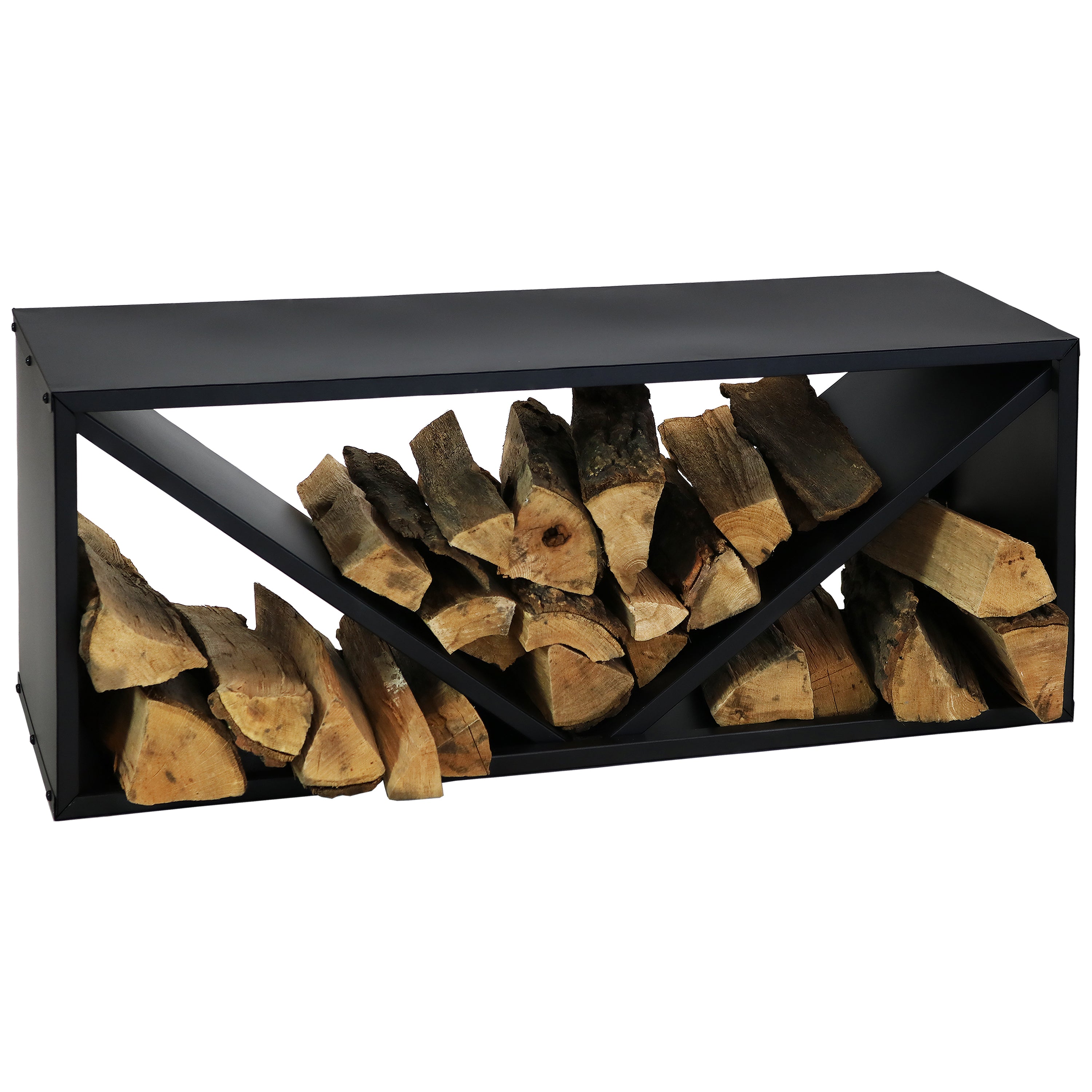 Sunnydaze Triple Triangle Black Steel Firewood Log Rack - 41 Inch Outdoor Firewood Holder for Fireplace, Camping & Patio - Durable Rust-Resistant Storage Solution