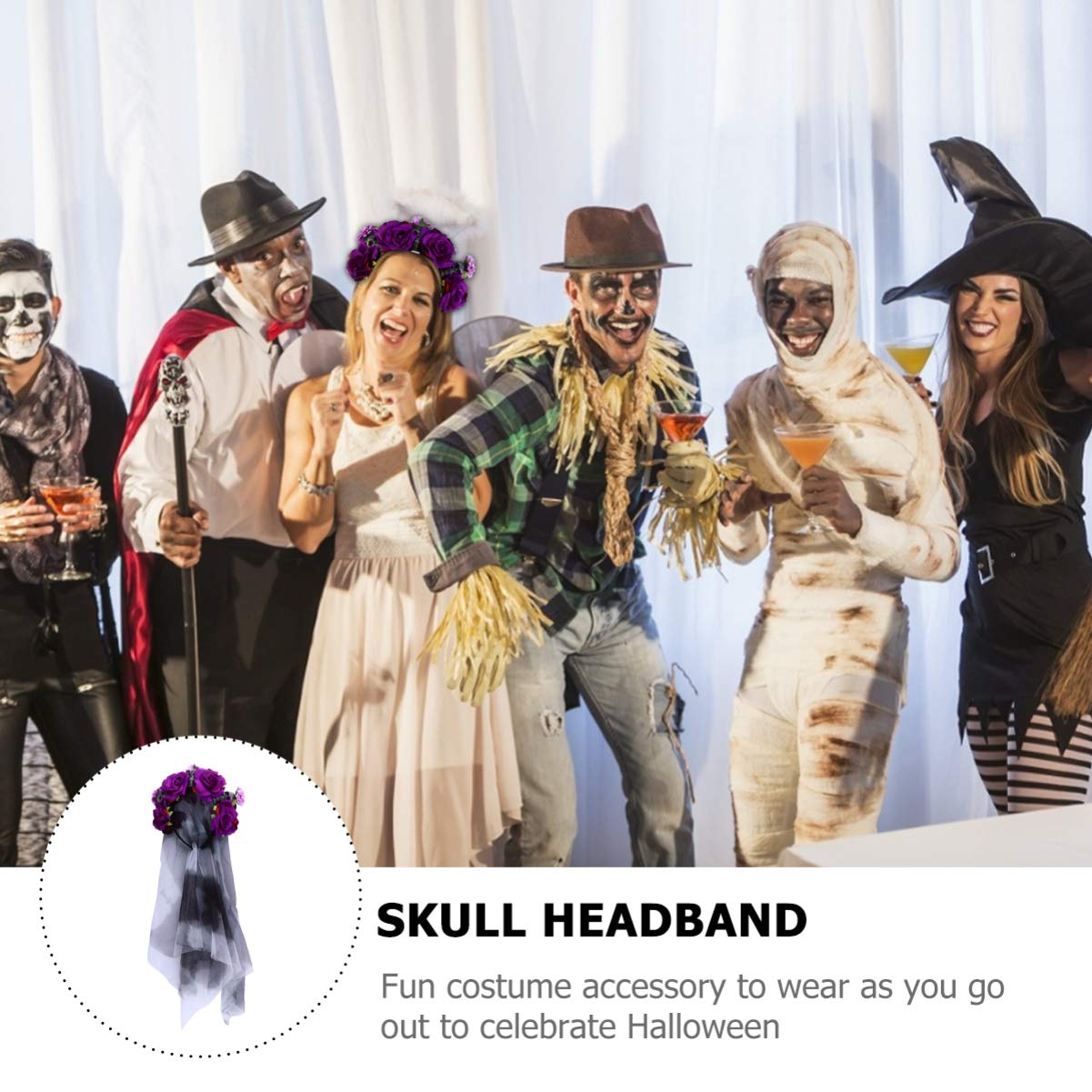 Beaupretty Day of The Dead Floral Rose Headband with Veil & Skull Decor - Gothic Halloween Hair Accessory for Women, Bridal Shower, Costume Parties & Dia de Los Muertos Celebrations