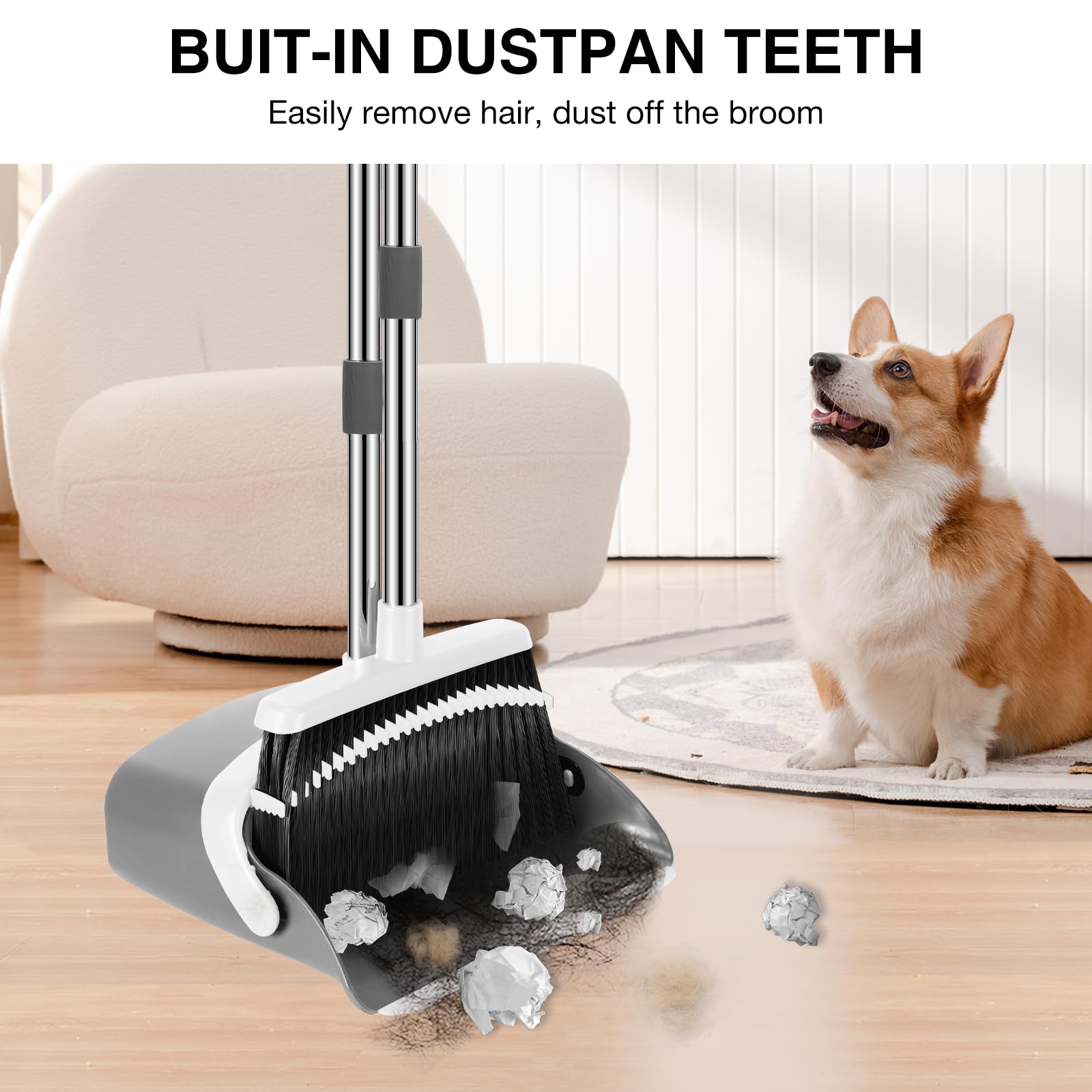 **52-inch Adjustable Broom and Dustpan Set with Dustpan Teeth - Long Handle Sweeping Combo for Hair & Debris - Ideal for Home, Kitchen, Office & Hall Floors (Grey & White)**    *(Perfect for Hardwood, Tile & Laminate Floors - Easy Storage & Efficient Cleaning!)*
