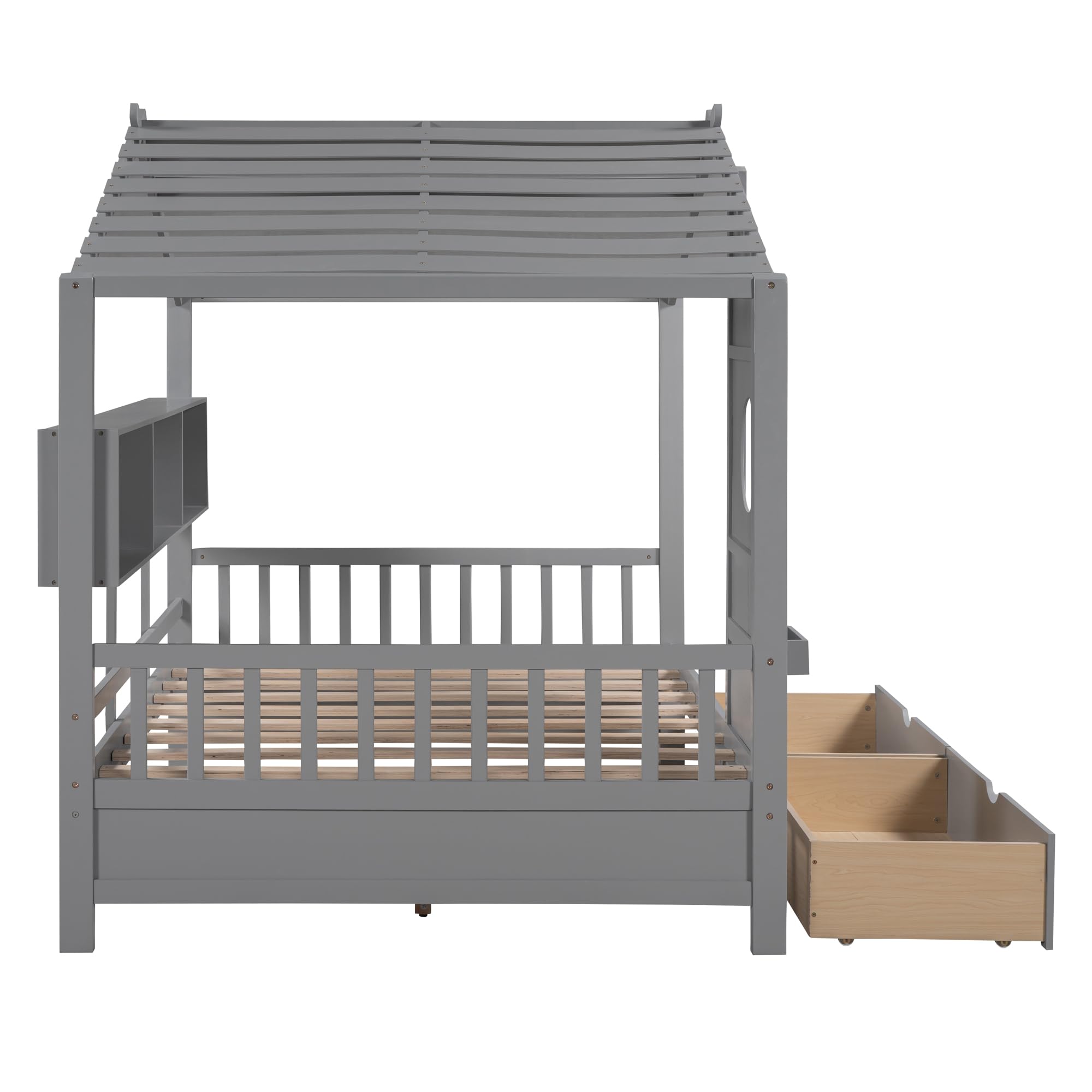 MERITLINE Full Size House Bed for Kids - Wooden Bed Frame with 2 Storage Drawers, Built-in Shelf & Slat Support - No Box Spring Needed - Grey - Perfect for Kids' Bedroom, Playroom & Small Space Organization