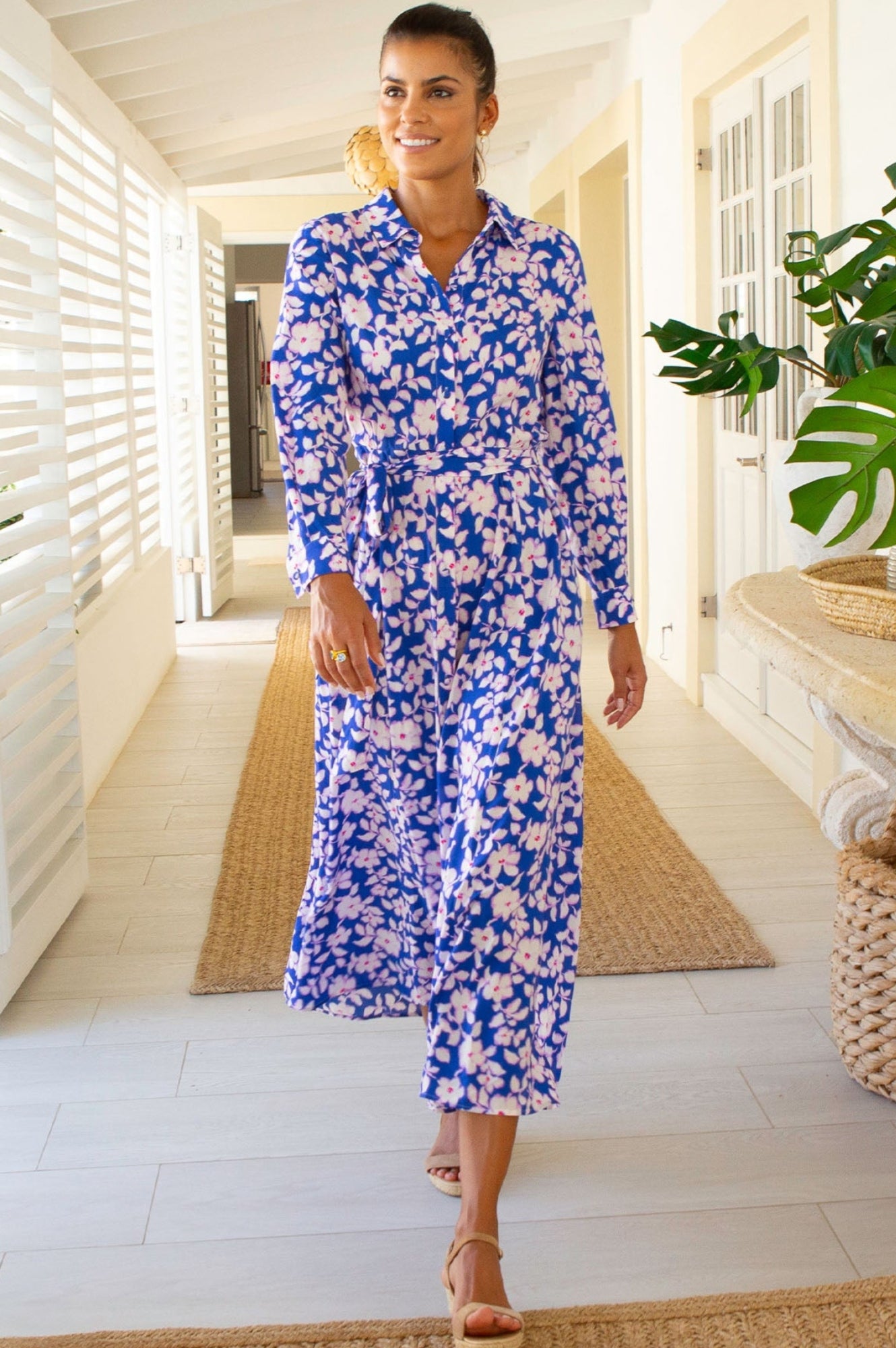 Eliza EcoVero™ Shirt Dress for Women - Blossom Cobalt & Pink Floral Print | Sustainable Viscose Wrap Dress | Perfect for Office, Date Night & Summer Outings