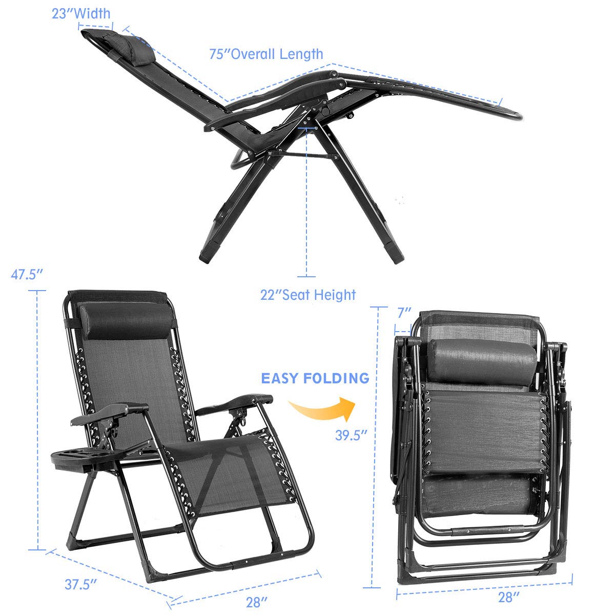 Premium Zero Gravity Chair - Oversized Outdoor Lounge Chair with Cup Holder & Detachable Pillow, 500lbs Weight Capacity, Foldable Patio Recliner for Backyard, Poolside, Beach, Camping & Relaxation (Black) - Perfect for Sunbathing, Reading & Outdoor Lounging