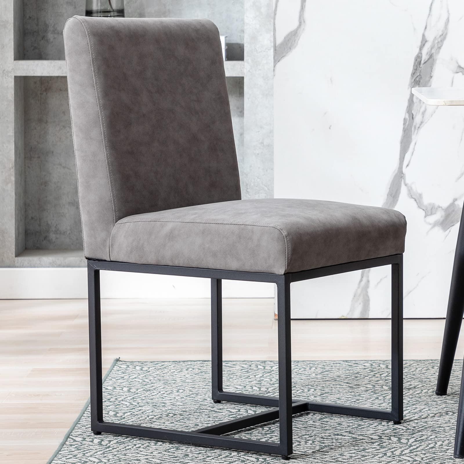 Modern Kitchen Chairs Set of 2 - PU Leather Upholstered Dining Chairs with Black Metal Frame, Grey - Comfortable Seating for Kitchen, Dining Room & Breakfast Nook
