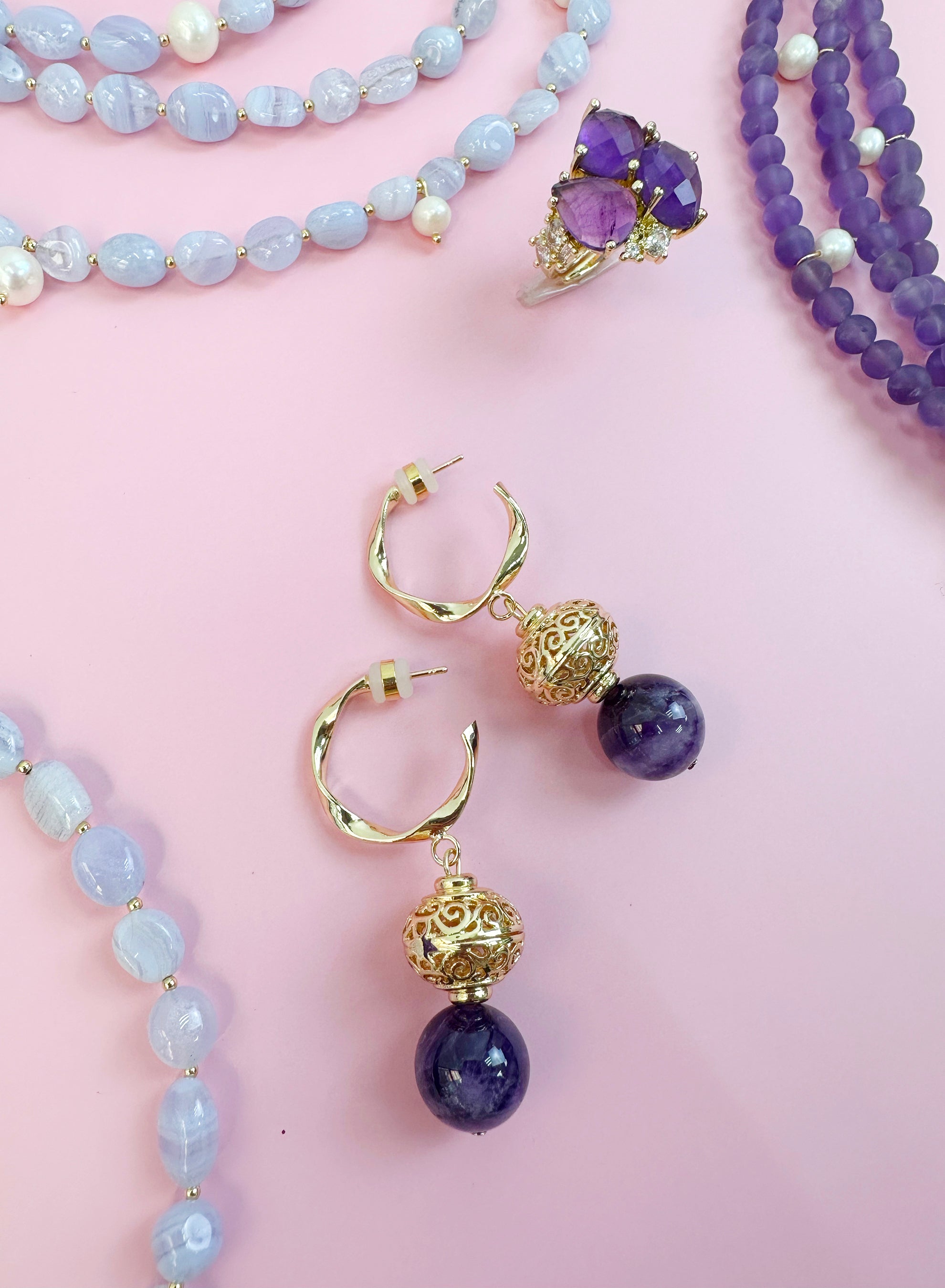 Antique Style Amethyst Hoop Earrings for Women - Vintage Purple Gemstone Dangle Earrings - JE027 - Perfect for Weddings, Parties & Special Occasions