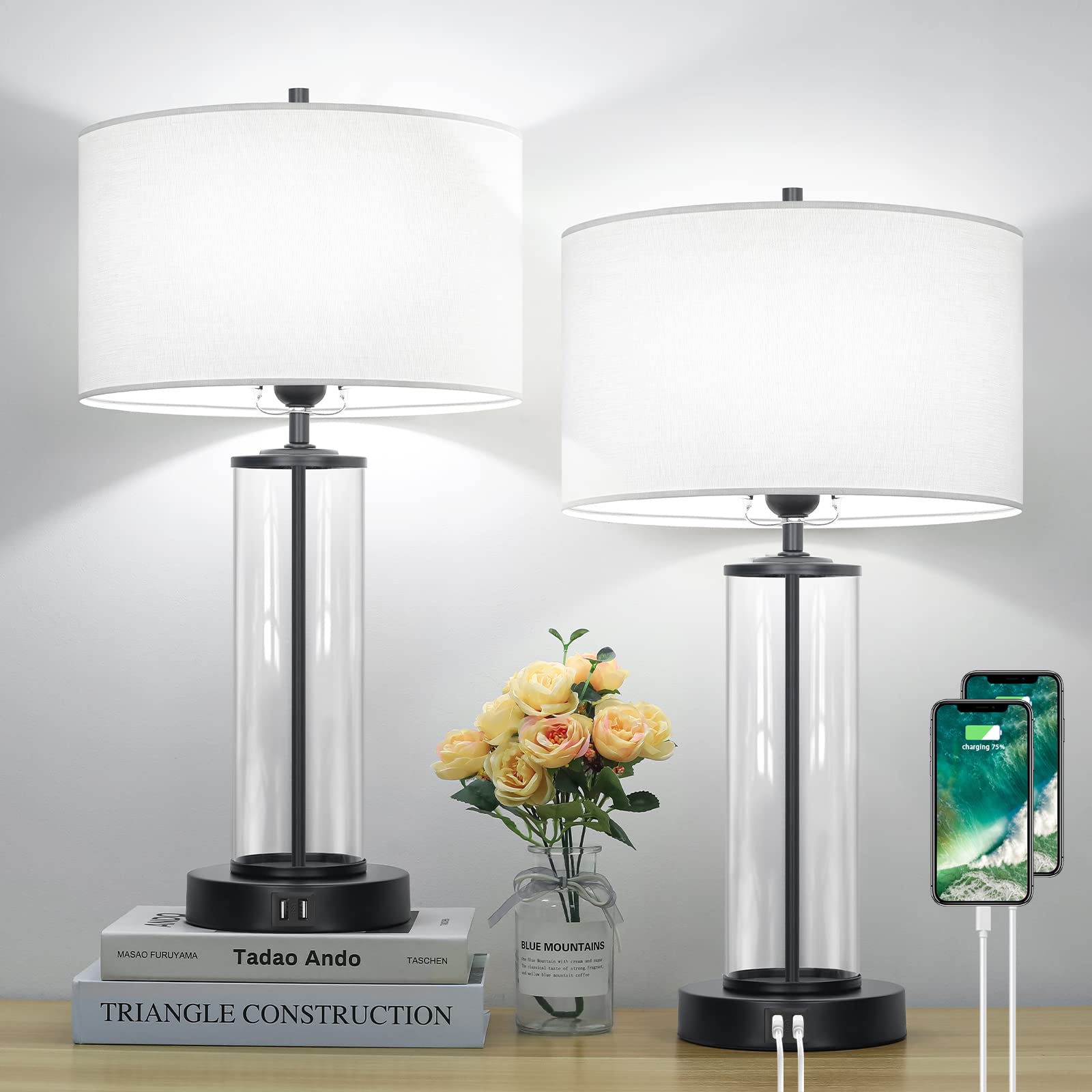 Modern Touch Control Table Lamps with 2 USB Ports - Set of 2, 3-Way Dimmable Bedside Lamps with White Fabric Shades & Clear Glass Base - Daylight 5000K LED Bulbs Included - Perfect for Living Room, Bedroom Nightstand, Hotel and Office Use