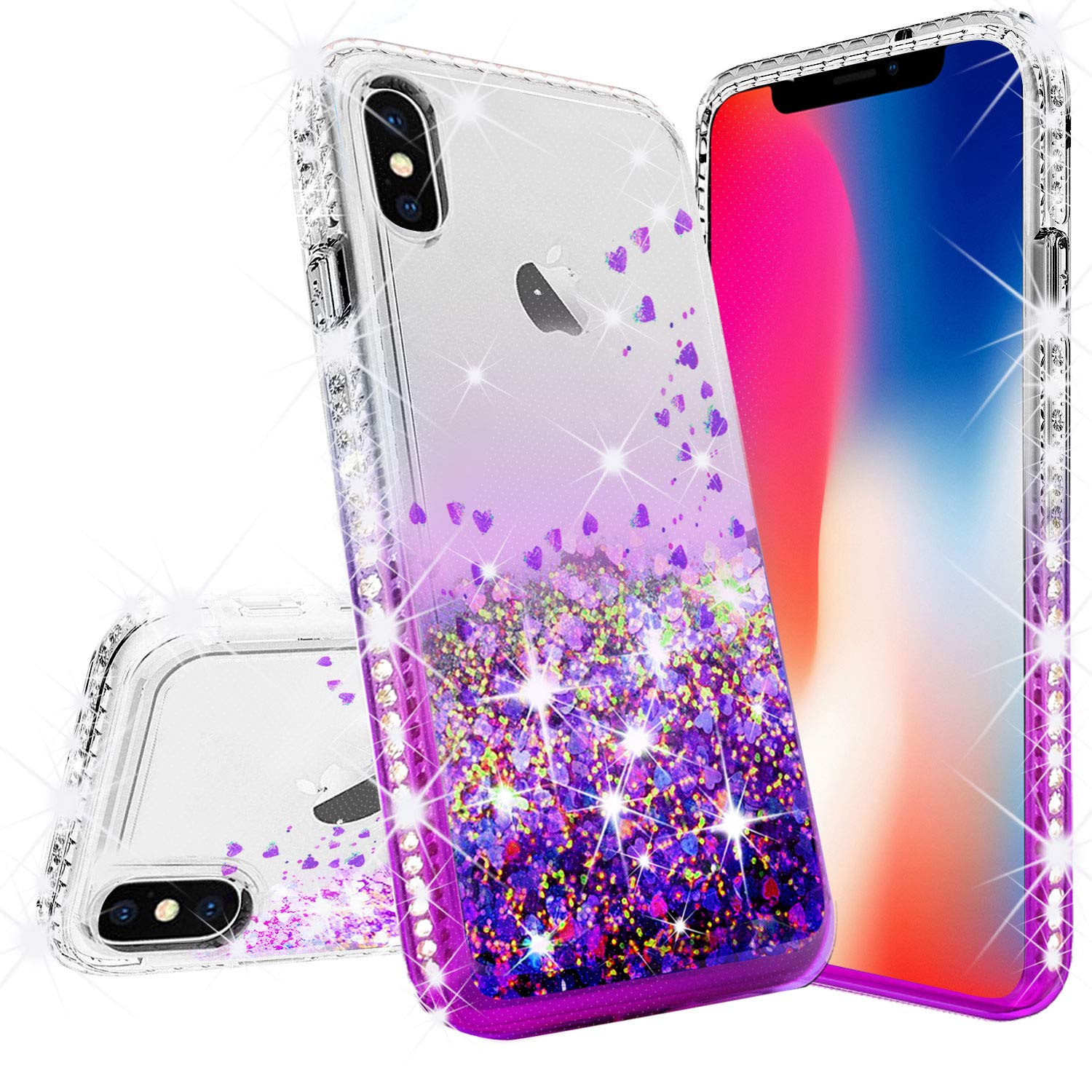 Premium Shockproof Liquid Glitter Phone Case for iPhone Xs Max - Clear Purple Sparkle Quicksand Design with Tempered Glass Screen Protector | Trendy Protective Case for Women & Girls | Perfect for Everyday Use, Parties & Gifting