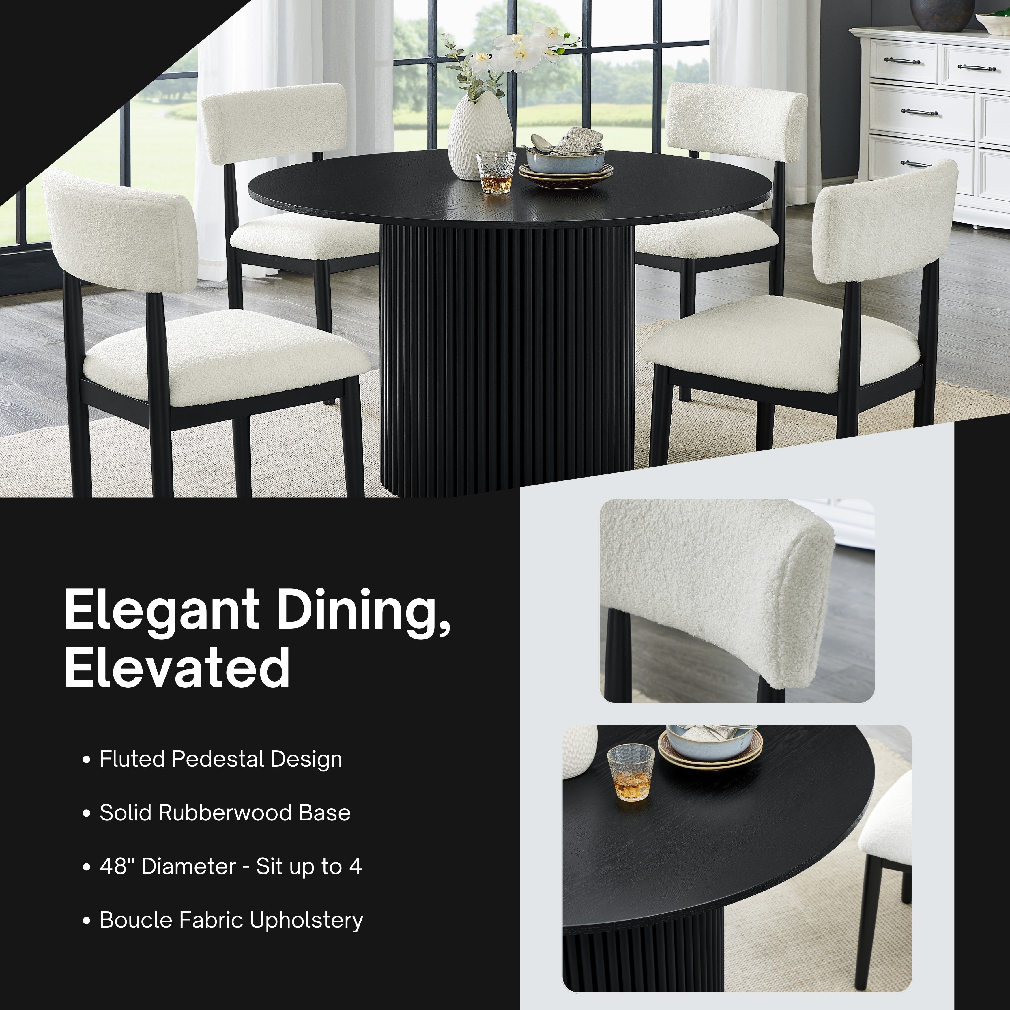 Roundhill Furniture Henriet 5-Piece Round Dining Set with Pedestal Table & 4 Chairs - Black | Modern Kitchen & Dining Room Furniture for Small Spaces | Perfect for Breakfast Nooks, Apartments & Cozy Homes