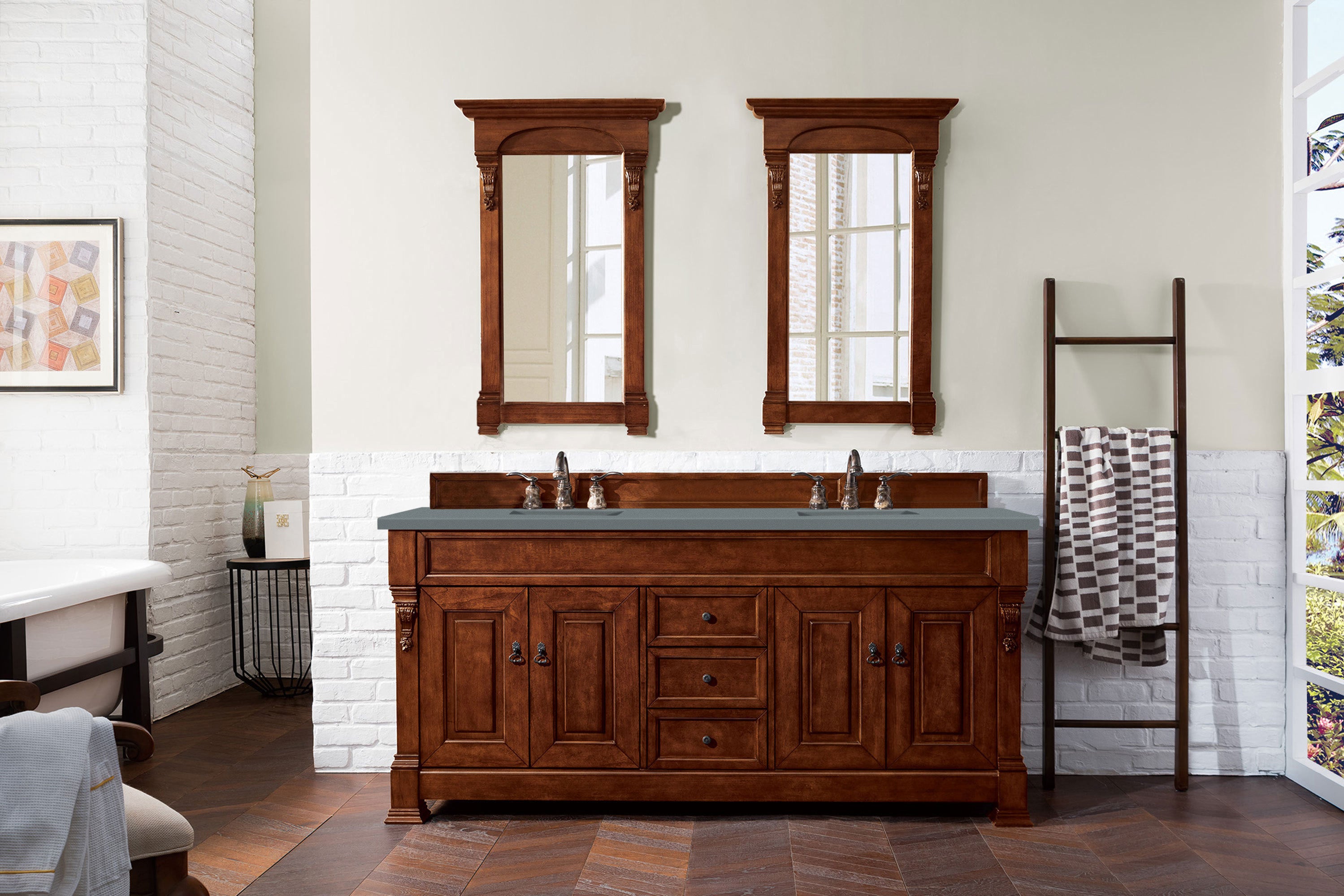 Brookfield 72 Inch Double Vanity with Warm Cherry Finish and 3CM Cala Blue Quartz Countertop - Perfect for Master Bathroom Renovation and Luxury Home Upgrade