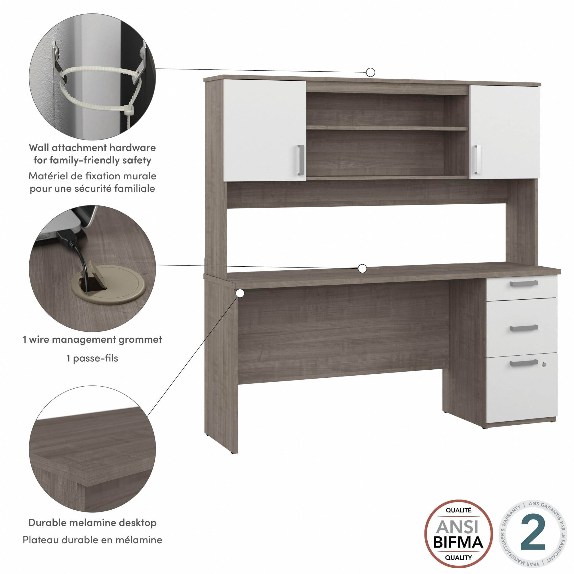 Bestar Ridgeley Computer Desk with Hutch - Silver Maple & Pure White, 65