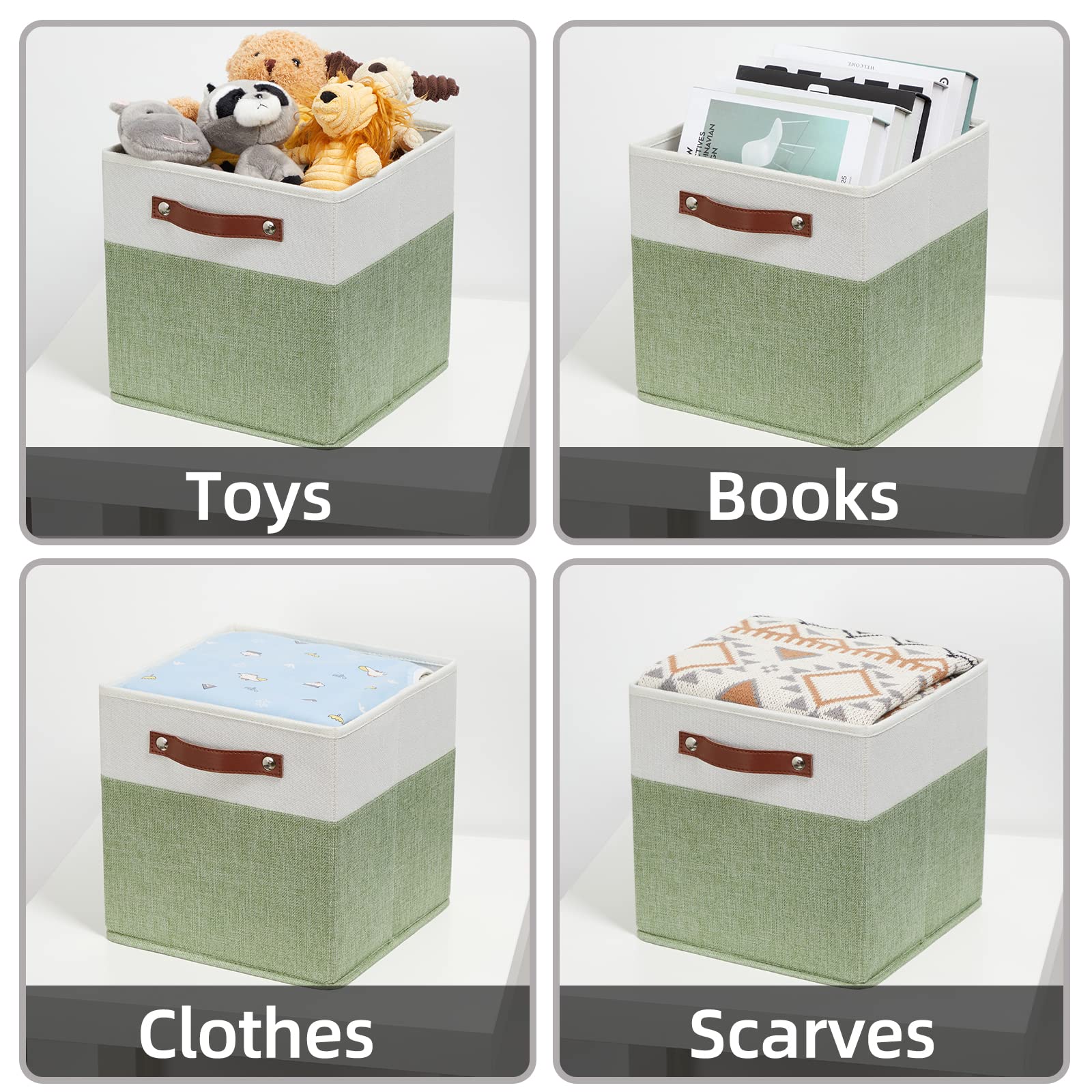 HNZIGE 11x11 Inch Fabric Storage Bins, Set of 4 Foldable Cube Organizer Bins with Handles for Shelves - Green & White | Perfect for Home Organization, Nursery, Closet & Toy Storage