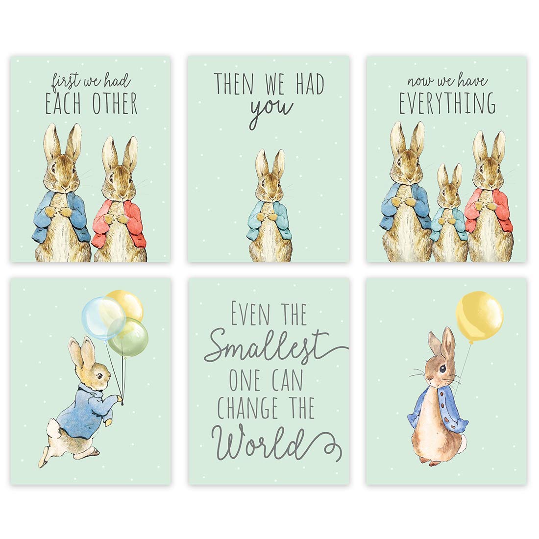 Peter Rabbit Nursery Wall Art - 6-Pack Unframed 8.5x11 Inch Mint Green Posters with 'First We Had Each Other' Quote - Perfect for Baby Room Decor, Kids Bedroom & Playroom Wall Decoration