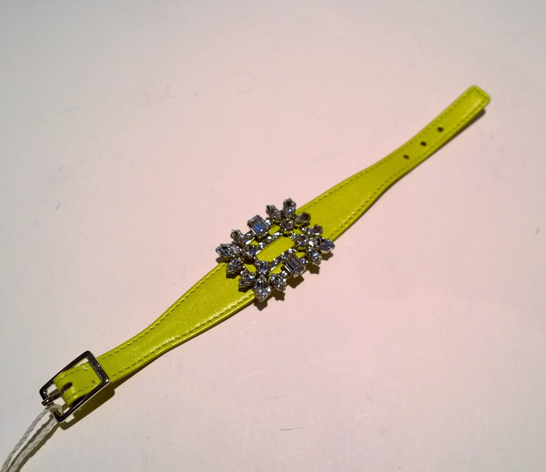 Roger Vivier Broche Vivier Bracelet - Lemon Yellow Leather with Rhinestone Buckle - Elegant Women's Jewelry for Parties, Weddings & Special Occasions