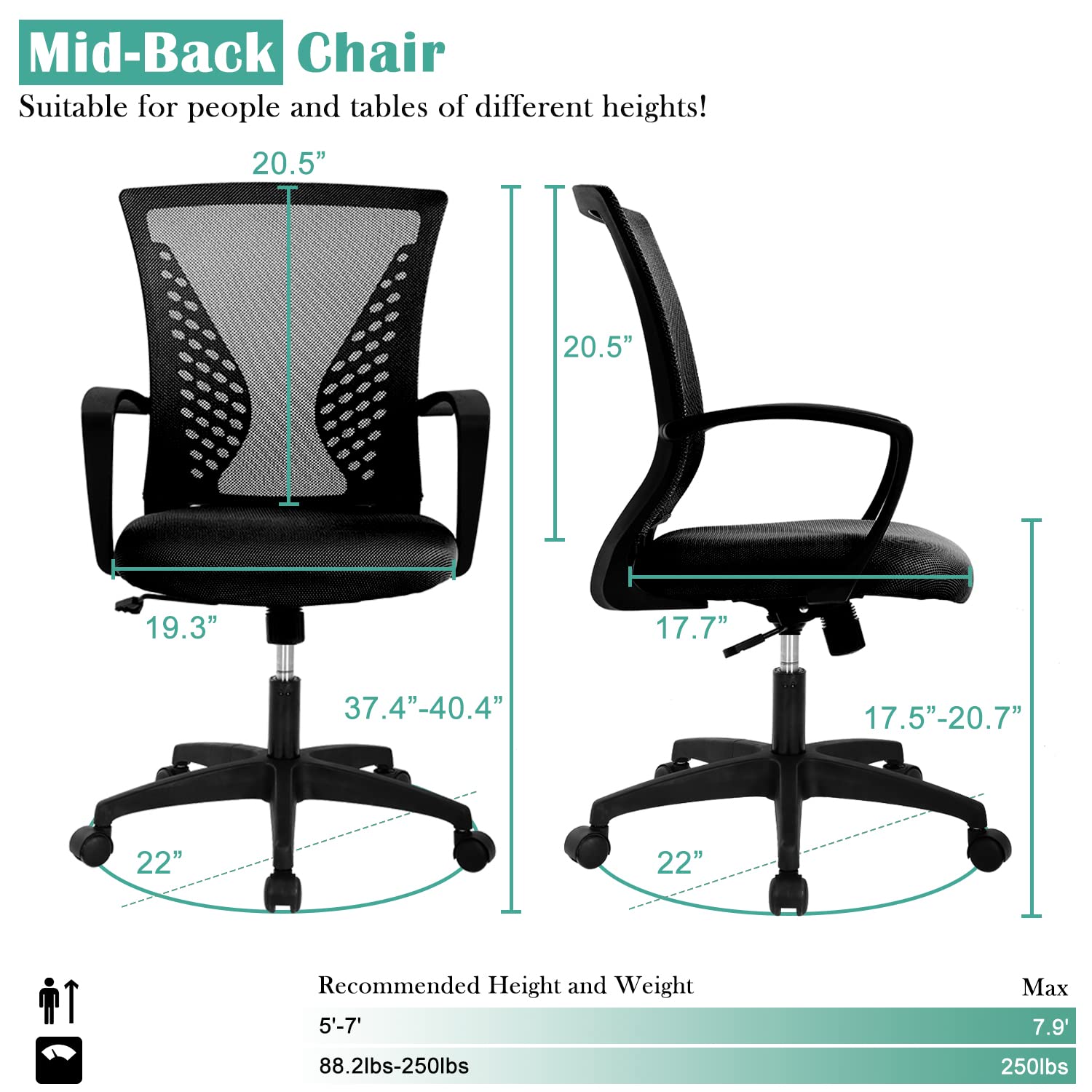 Ergonomic Office Chair for Women - Mid Back Mesh Computer Chair with Adjustable Armrests & Lumbar Support - Breathable Swivel Desk Chair for Home Office, Meeting Room, Gaming & Working - Comfortable & Stylish Silla de Oficina