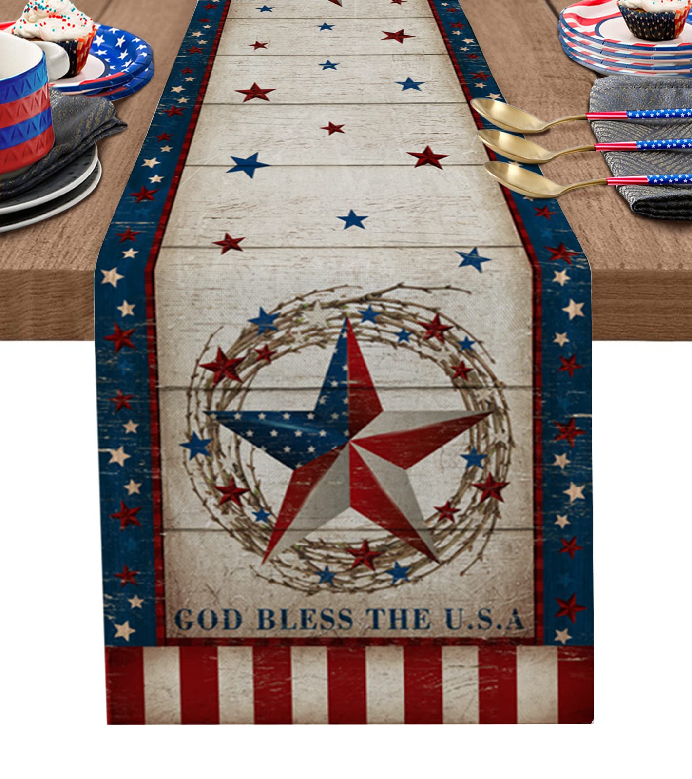 4th of July Patriotic Stars Table Runner 120 Inches Long - Farmhouse Rustic Cotton Linen Tablecloth for Wedding, Party & Home Decor - Perfect for Dining Tables, Coffee Tables & Dressers - USA Independence Day Celebration Decor