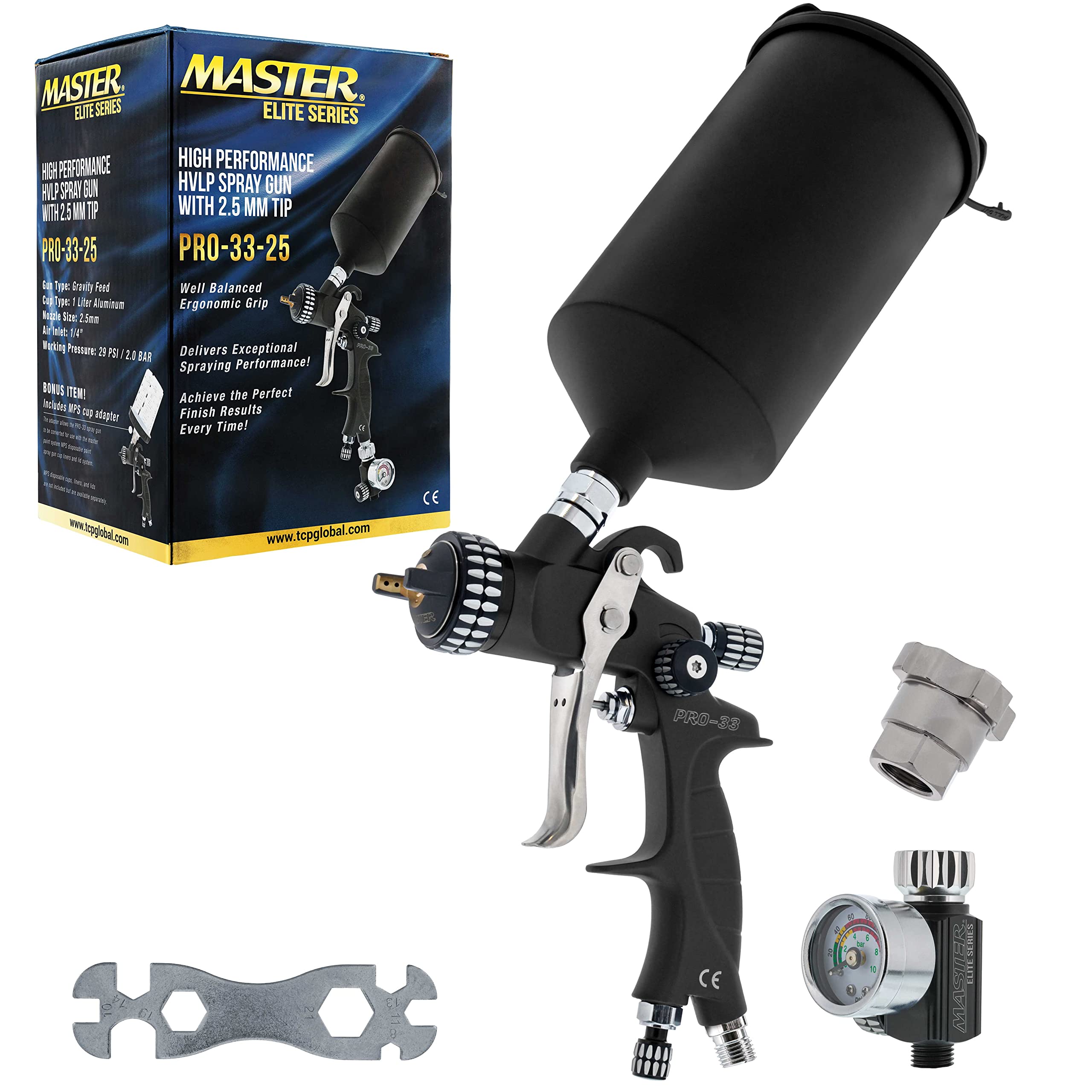 Master Elite PRO-33 HVLP Spray Gun Kit - 2.0mm Nozzle & 25 Disposable Cups for Automotive Painting, Wood Finishing & DIY Projects - High Performance Spray Gun for Professional Results