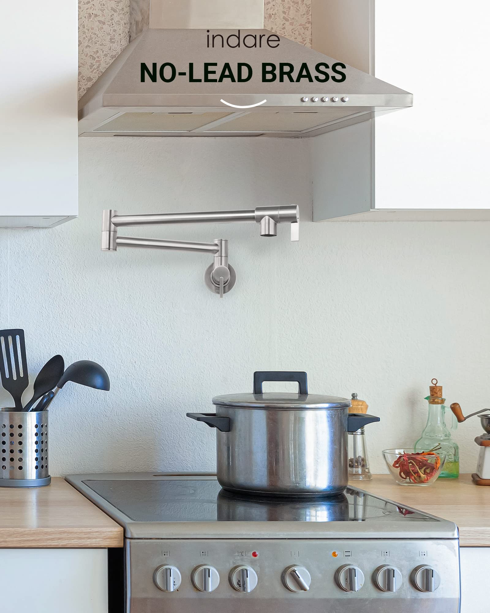 Brass Wall Mounted Pot Filler Faucet with Double Joint Swing Arms - Foldable Kitchen Faucet for Easy Pot Filling Near Stove (Ideal for Cooking, Soup Making & Large Batch Meal Prep)