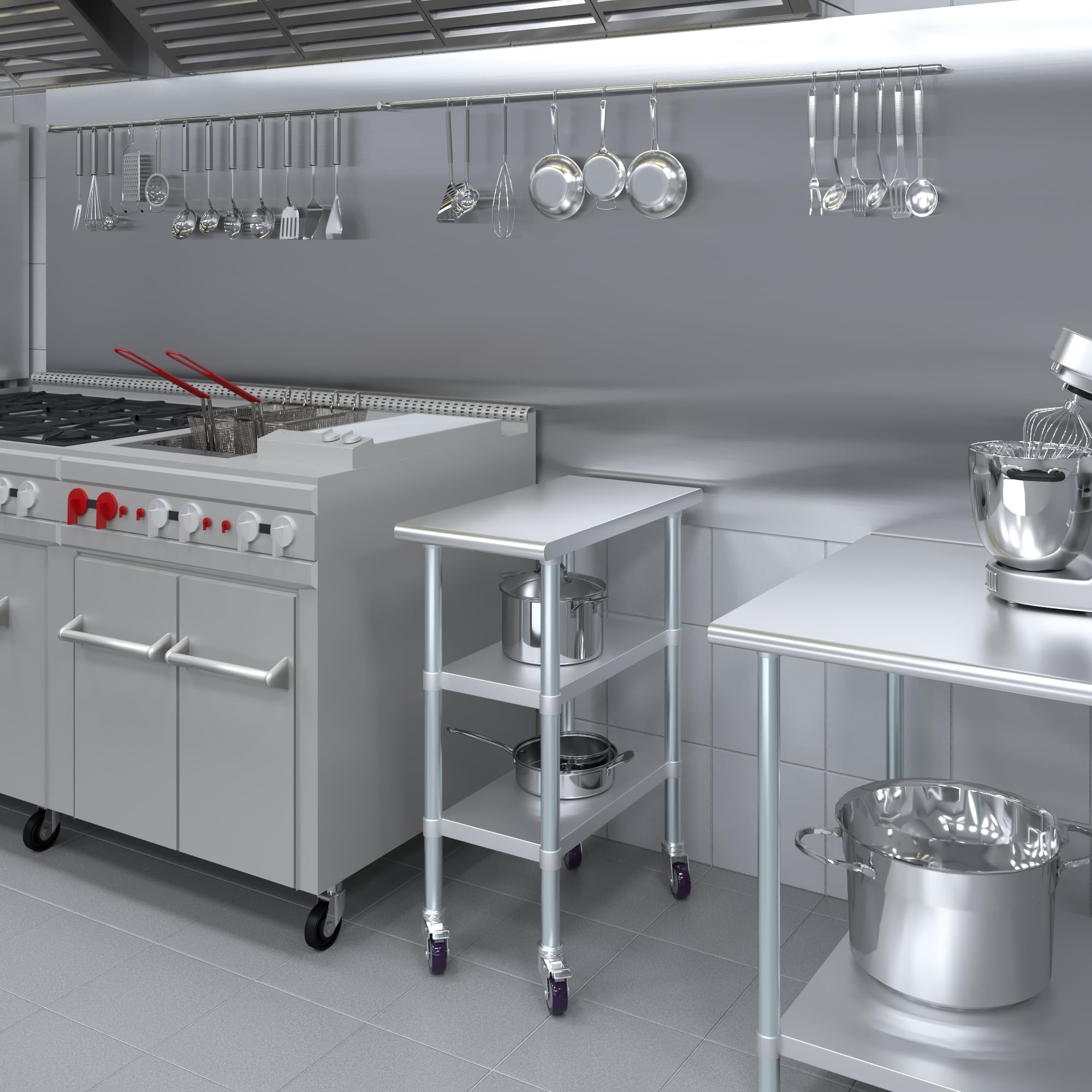 AmGood Stainless Steel Work Table with 2 Shelves & Wheels - 15x30 Inch Heavy Duty Metal Utility Table for Kitchen, Restaurant, or Garage | Commercial-Grade Rolling Workstation with Casters